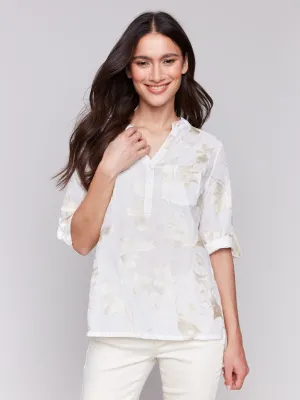Embroidered Cotton Half-Button Blouse - Gold