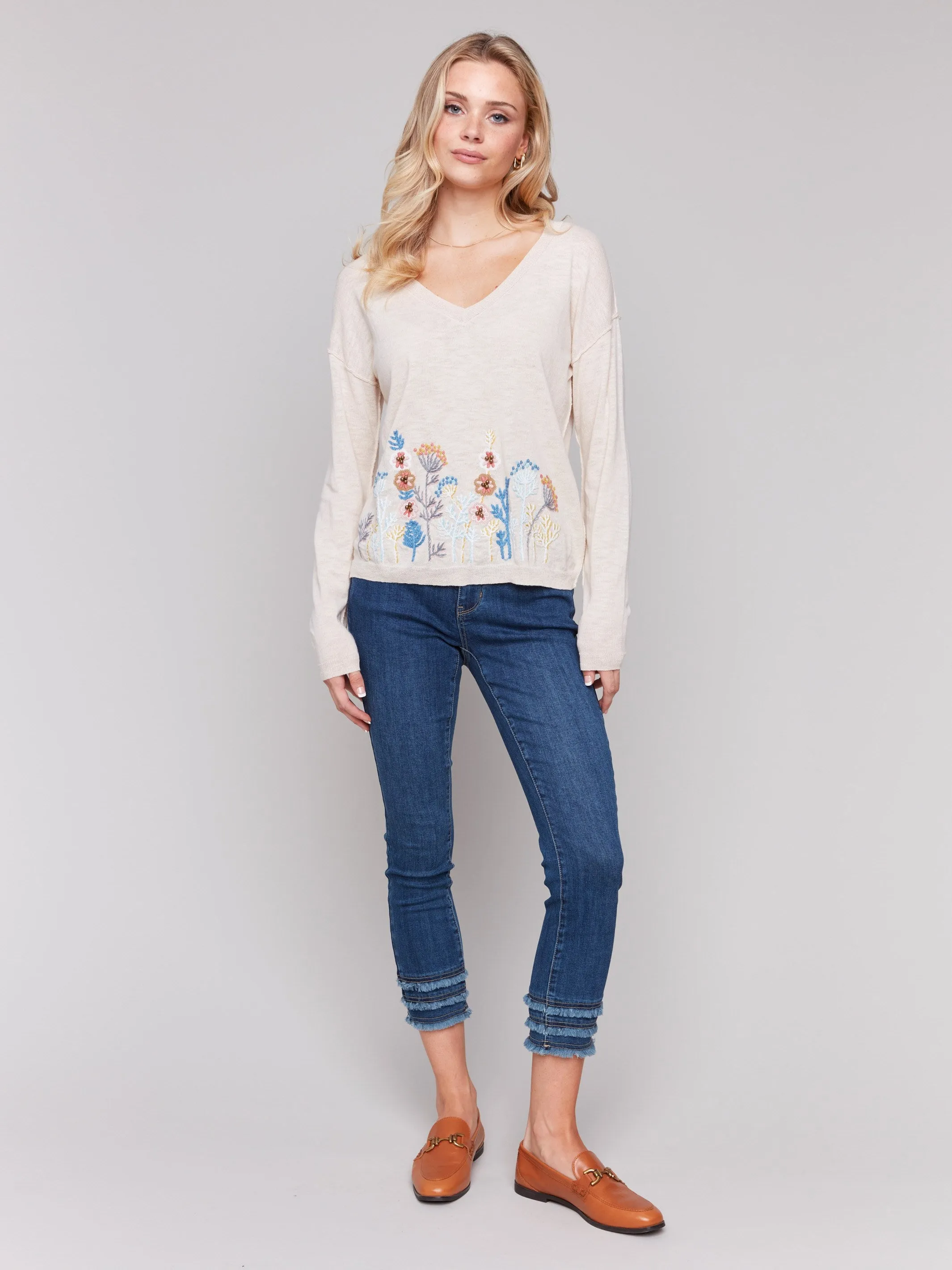 Embroidered Cotton V-Neck Sweater - Flowers