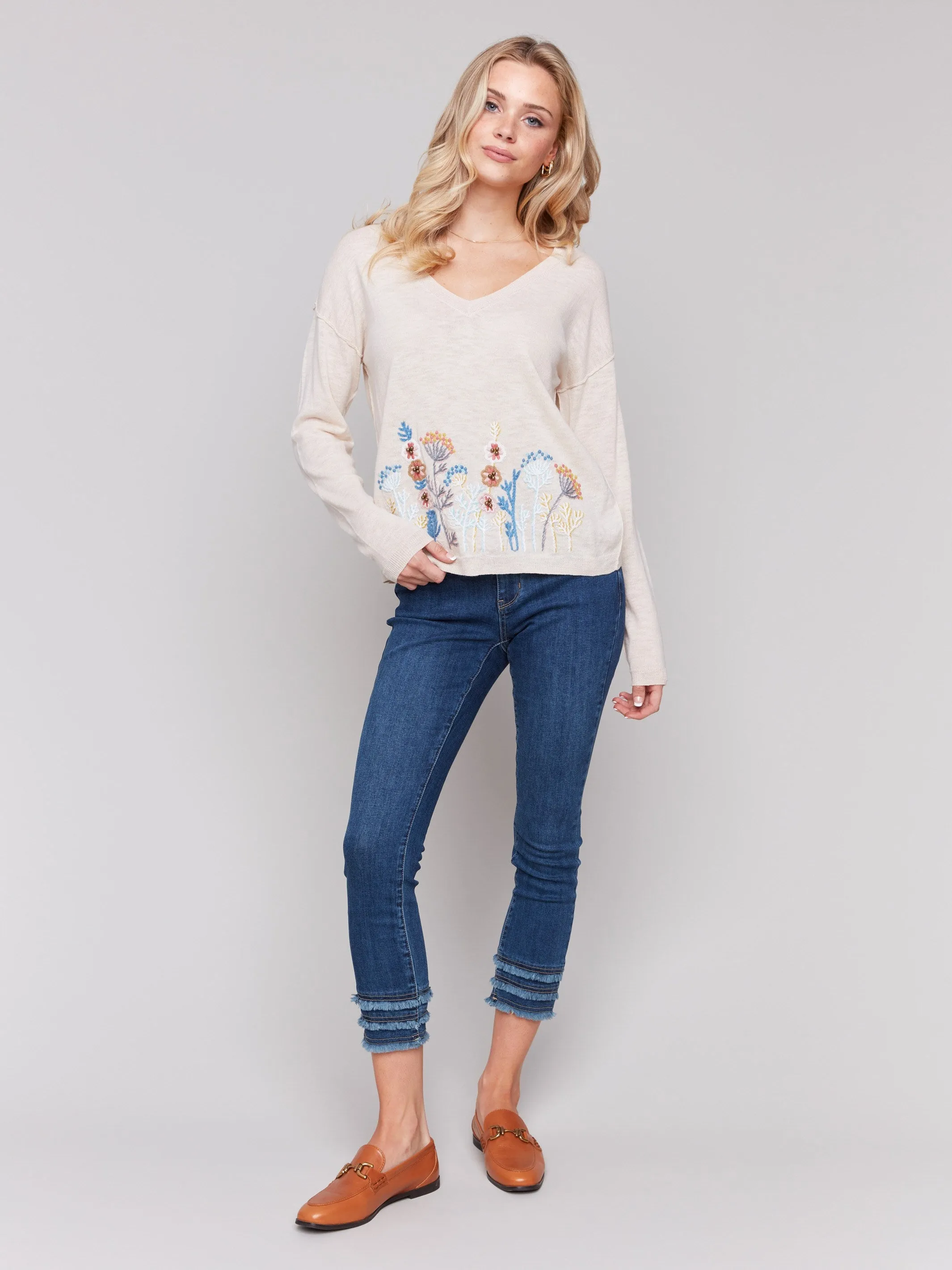 Embroidered Cotton V-Neck Sweater - Flowers