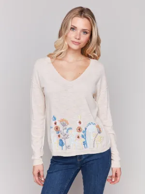 Embroidered Cotton V-Neck Sweater - Flowers