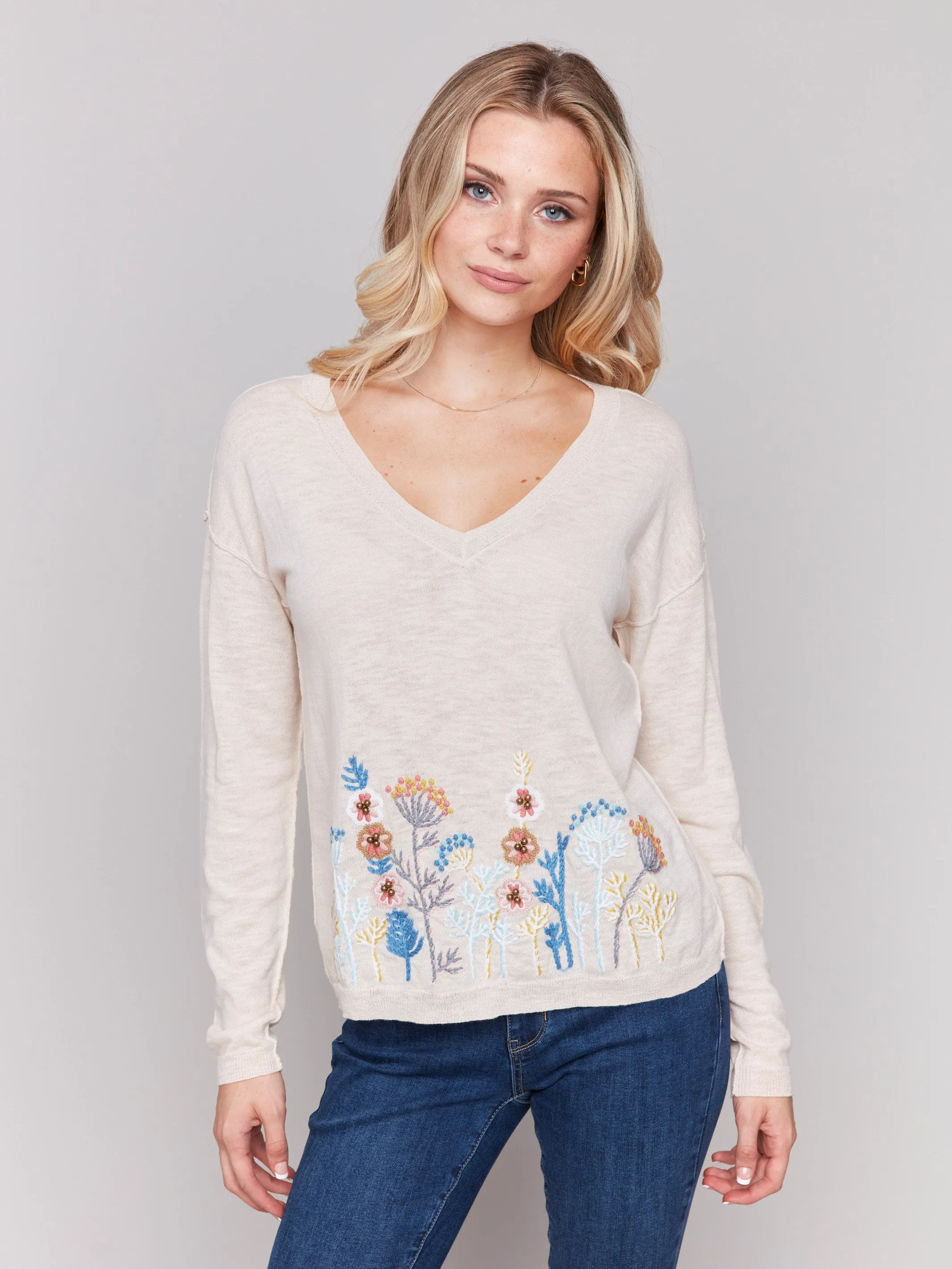 Embroidered Cotton V-Neck Sweater - Flowers