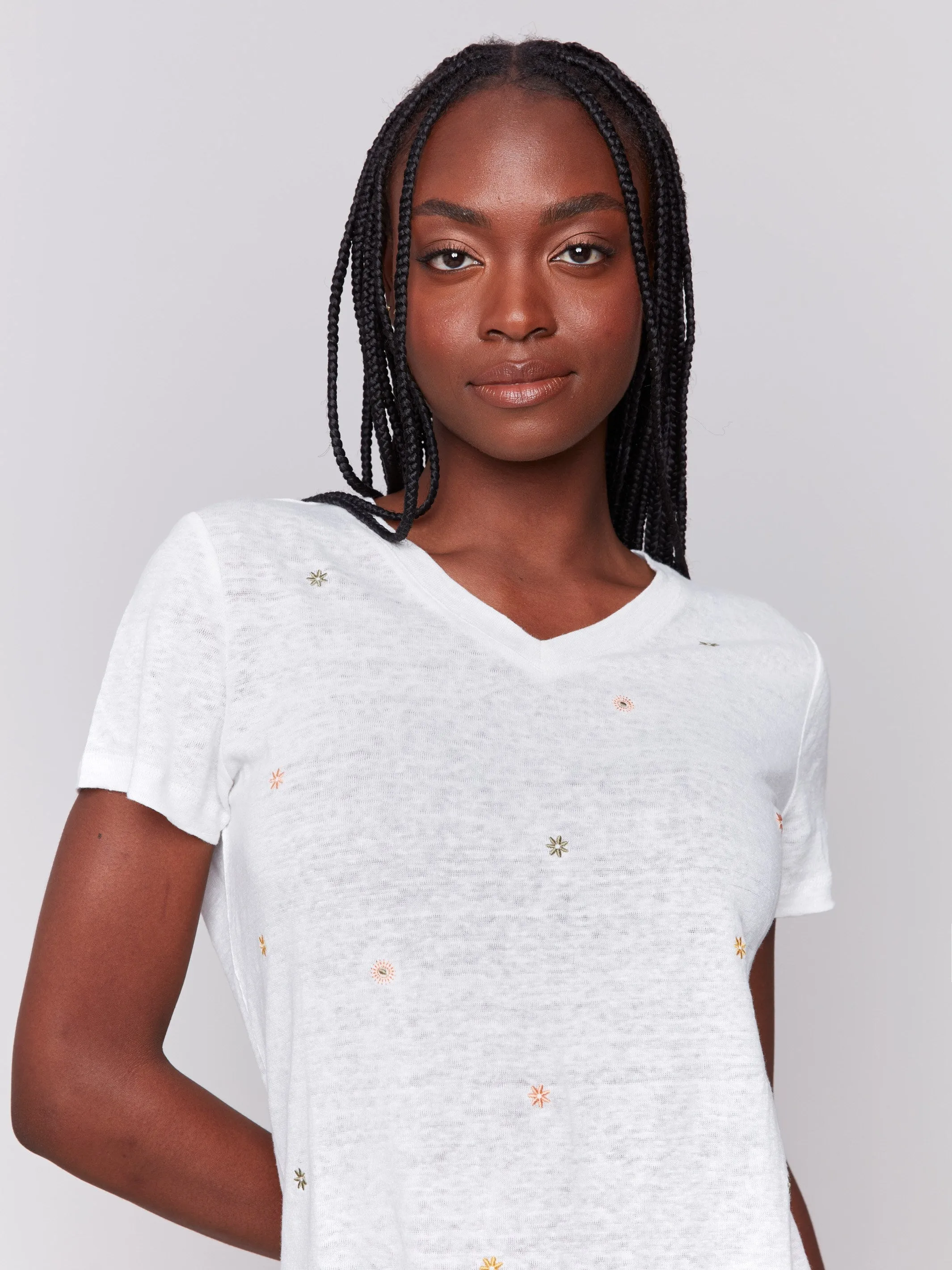 Embroidered Cotton V-Neck T-Shirt - Floral