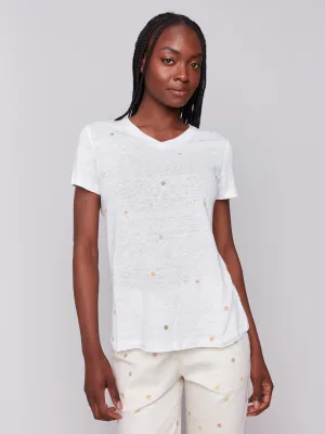 Embroidered Cotton V-Neck T-Shirt - Floral