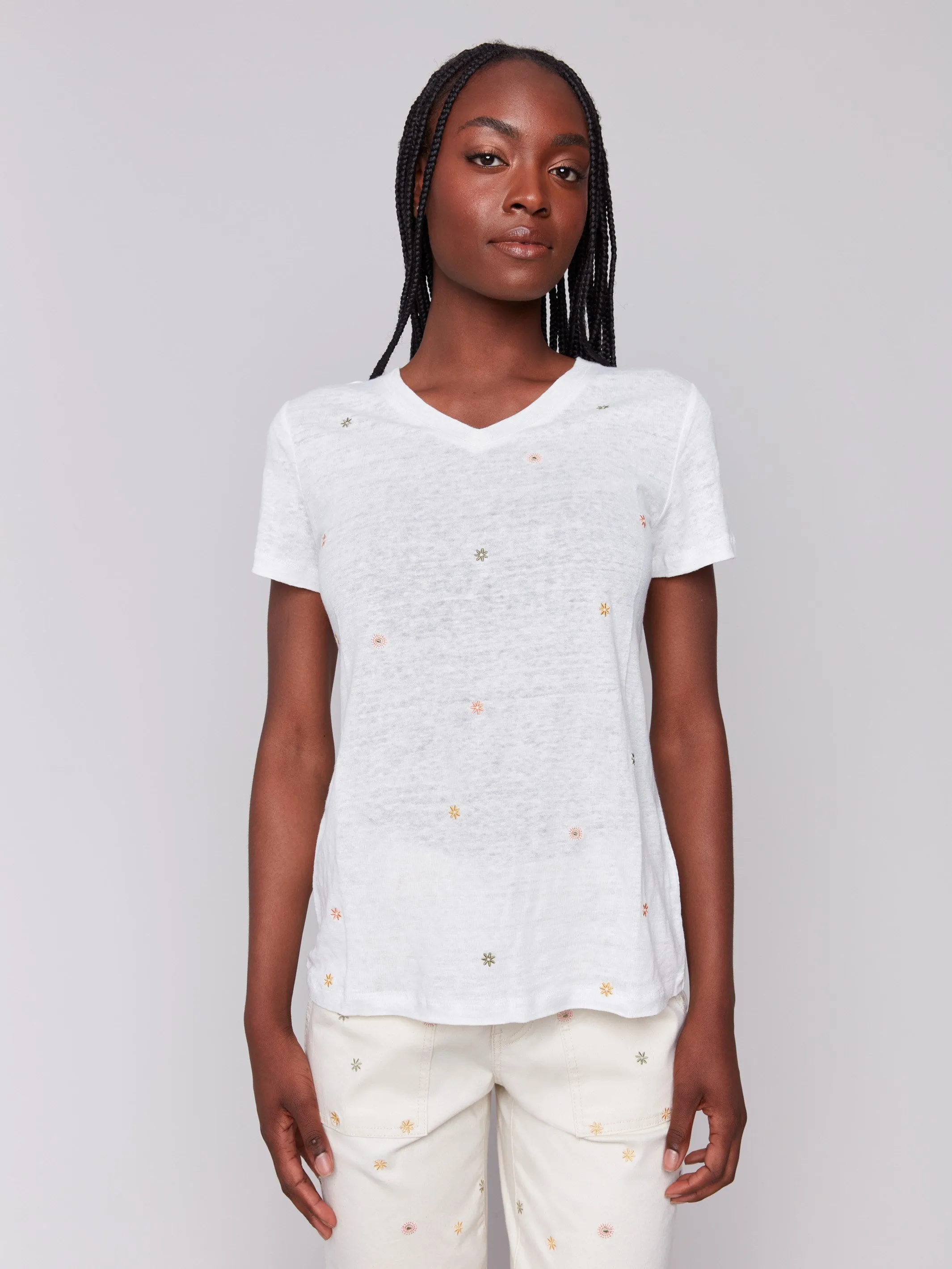 Embroidered Cotton V-Neck T-Shirt - Floral