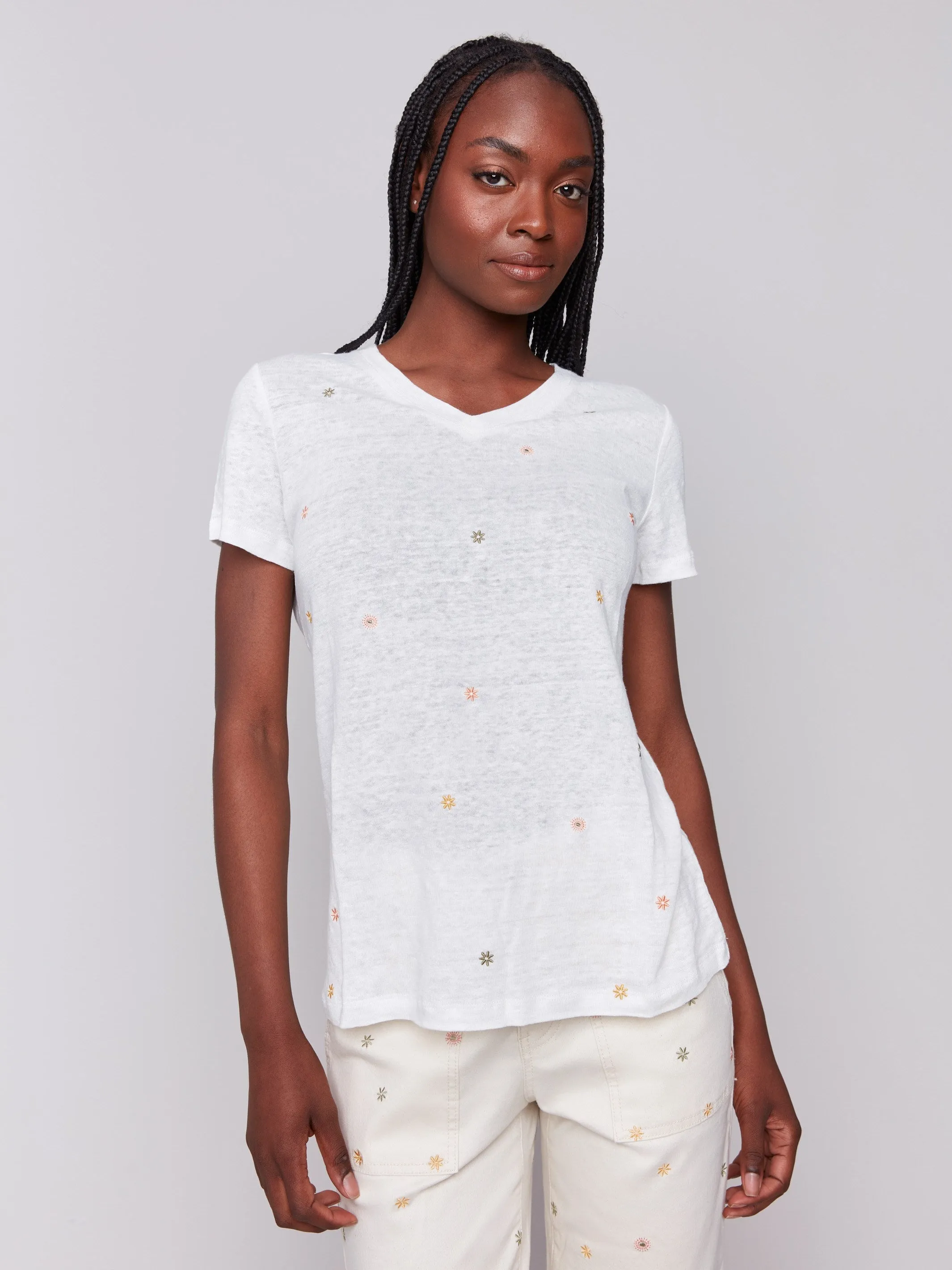 Embroidered Cotton V-Neck T-Shirt - Floral