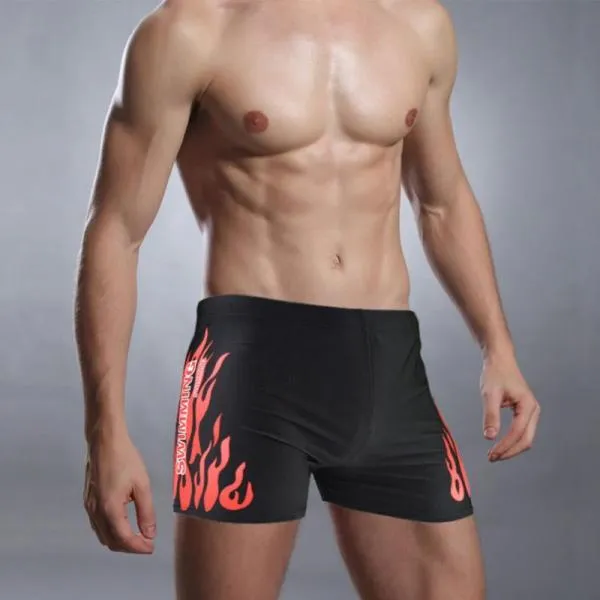 Flame Pattern Men Male Swimwear Boxer Shorts Bathing Suit Trunks Swim Black Blue Beach Wear