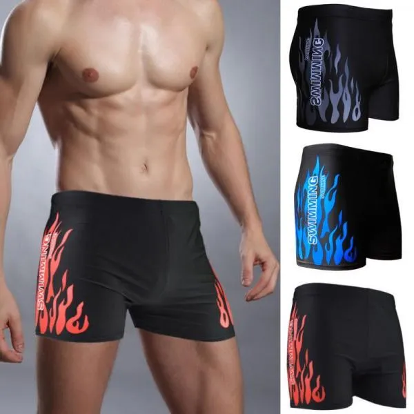 Flame Pattern Men Male Swimwear Boxer Shorts Bathing Suit Trunks Swim Black Blue Beach Wear