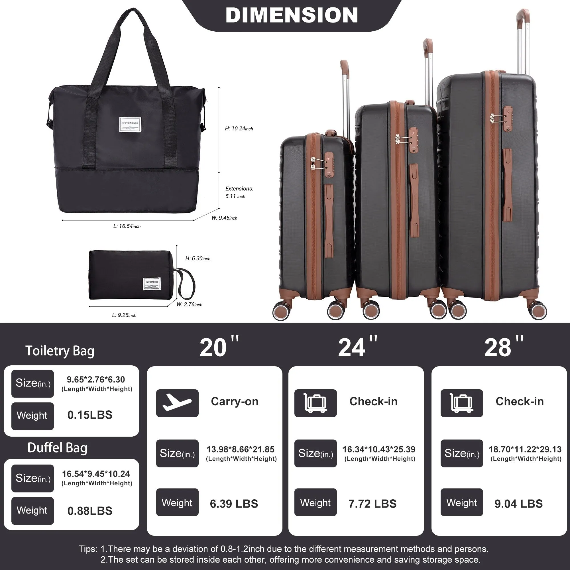 Hardshell Luggage Set with Travel Bag and Toiletry Bag, 5-Piece Suitcase Set with TSA Lock and Rotatable Spinner Wheels