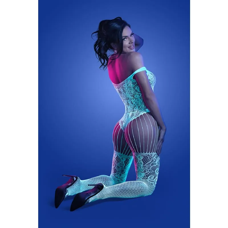 Illuminate Crotchless Teddy Bodystocking - One  Size - White/blue