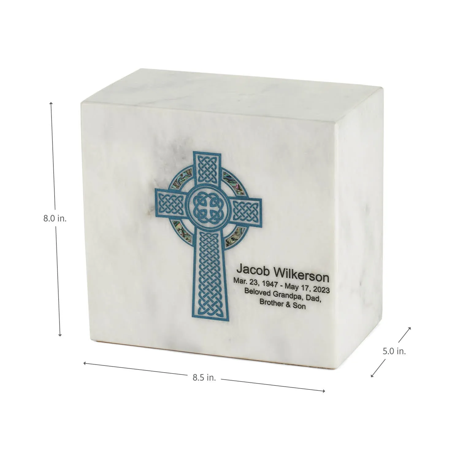 Keystone White Marble Cremation Urn With Blue Celtic Cross   Opulent Blue Inlay