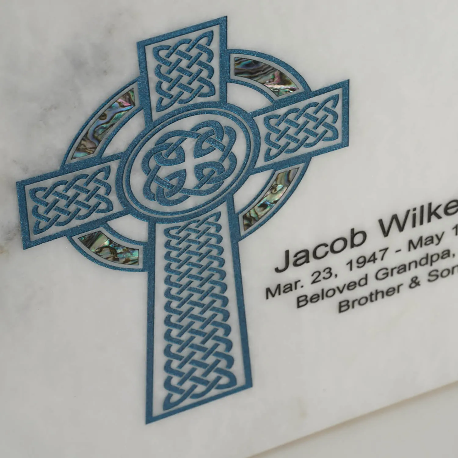 Keystone White Marble Cremation Urn With Blue Celtic Cross   Opulent Blue Inlay