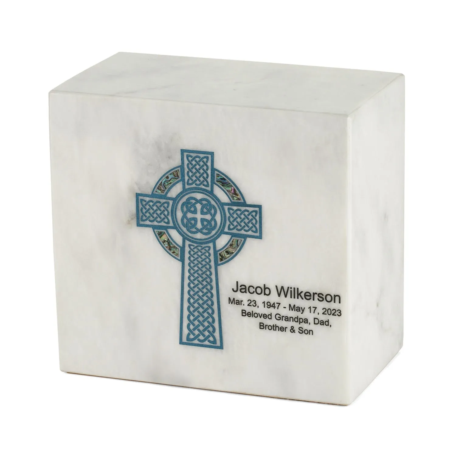 Keystone White Marble Cremation Urn With Blue Celtic Cross   Opulent Blue Inlay