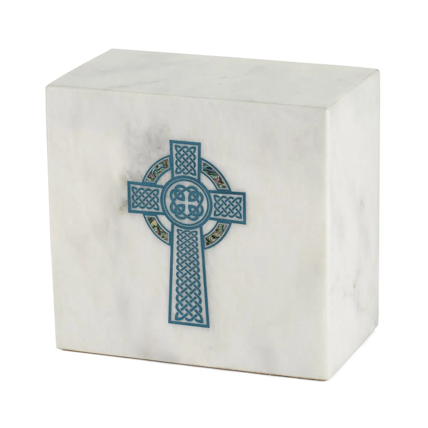 Keystone White Marble Cremation Urn With Blue Celtic Cross   Opulent Blue Inlay