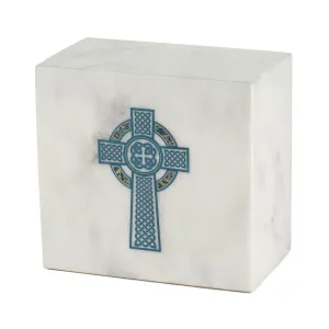 Keystone White Marble Cremation Urn With Blue Celtic Cross   Opulent Blue Inlay