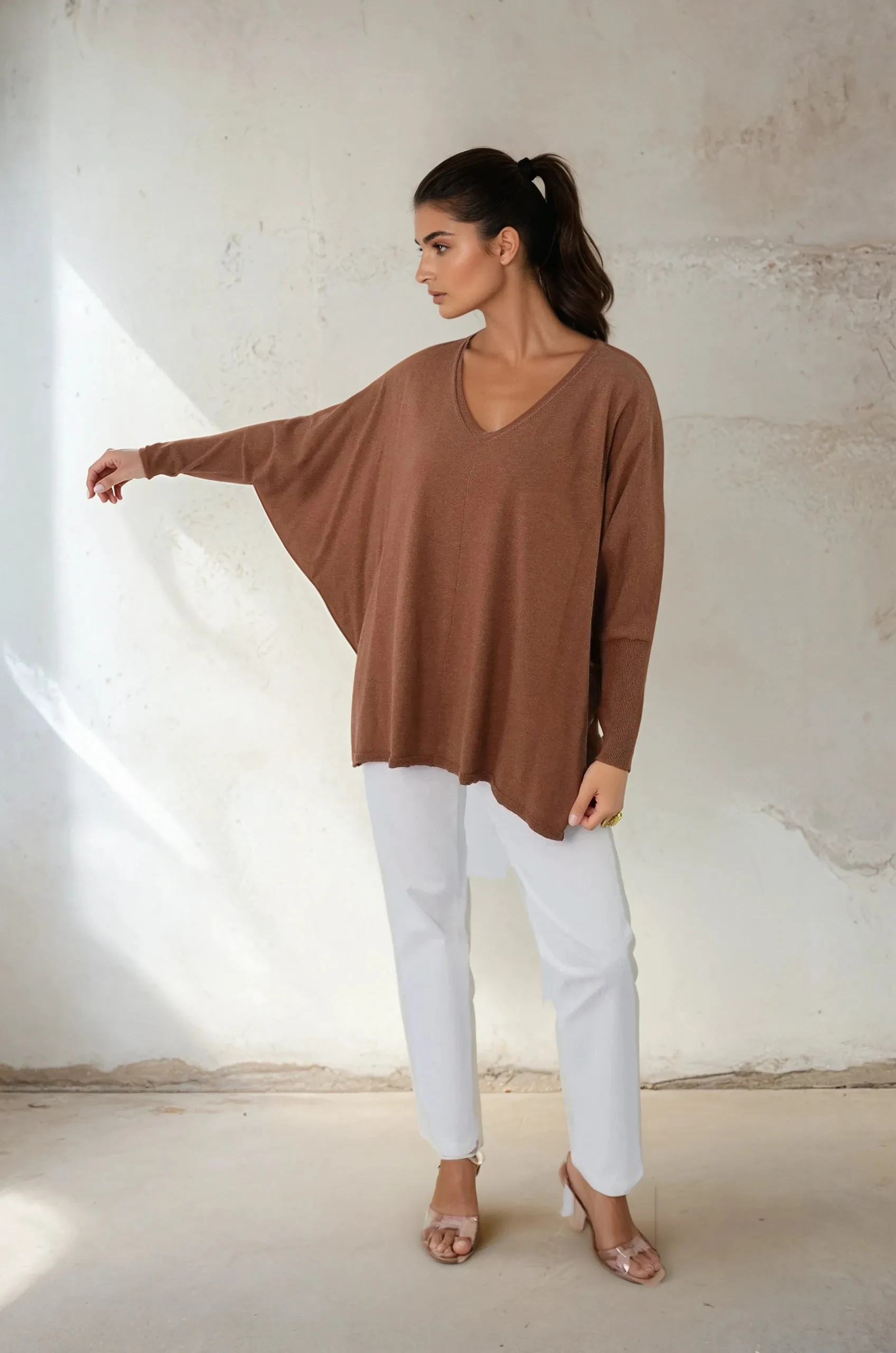LENA LONG SLEEVE V-NECK PONCHO IN PIMA COTTON KNIT