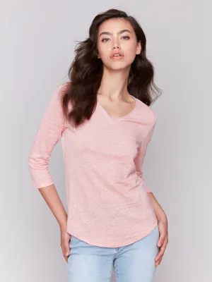 Linen Blend V-Neck Top - Guava