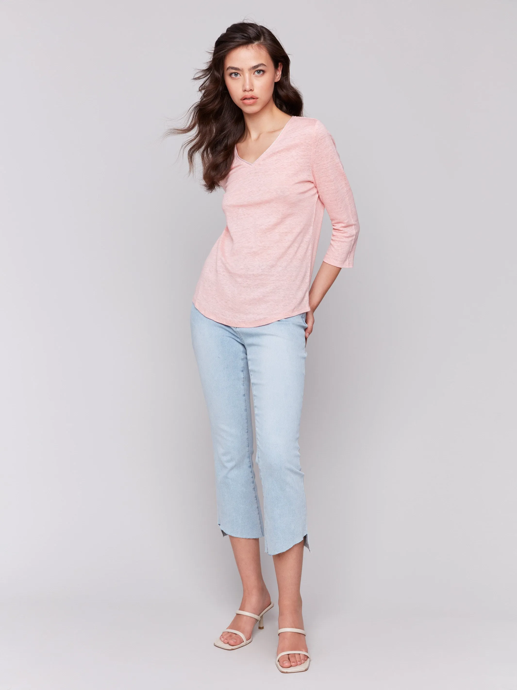 Linen Blend V-Neck Top - Guava