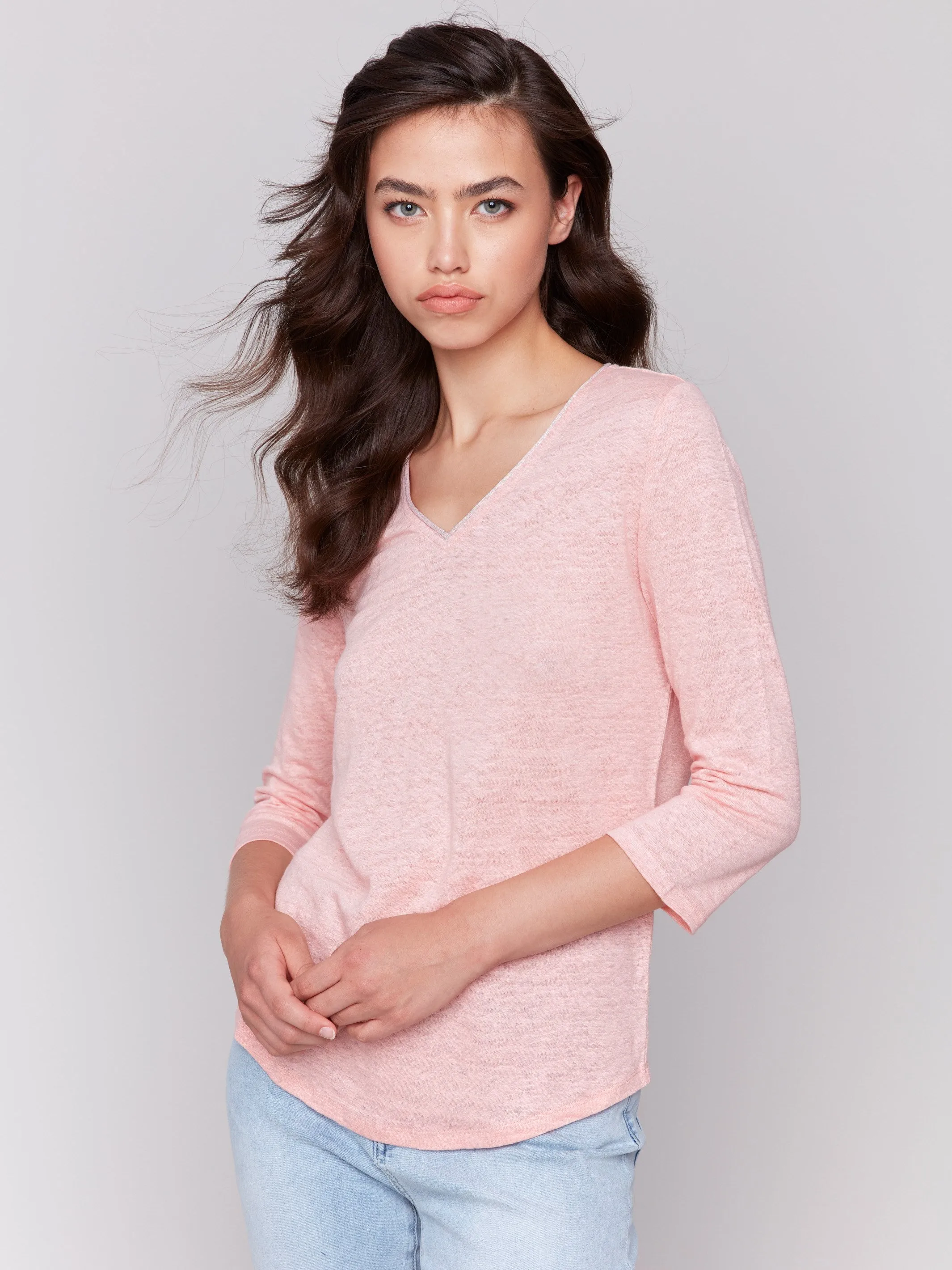 Linen Blend V-Neck Top - Guava