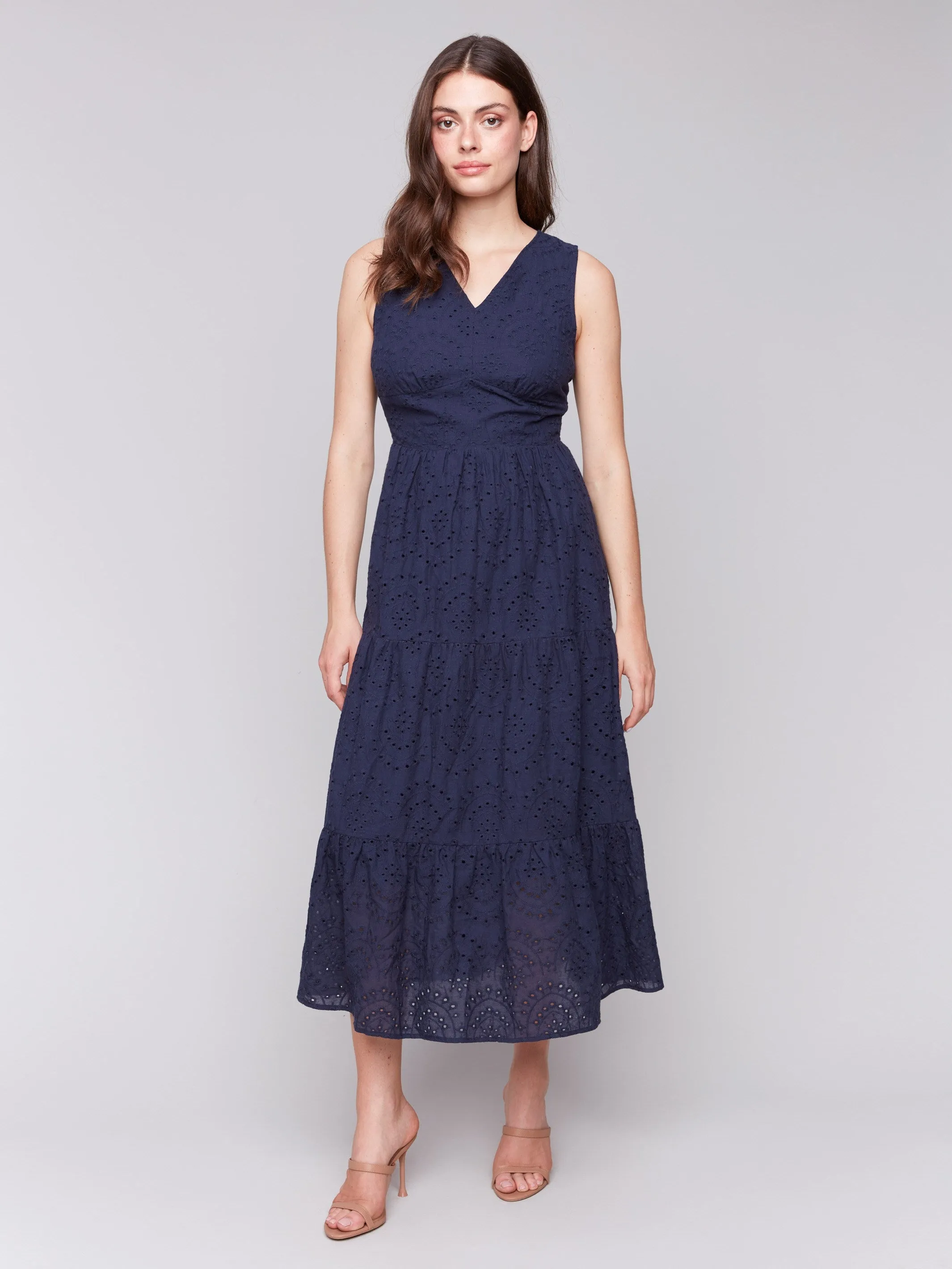 Long Sleeveless Cotton Eyelet Dress - Navy