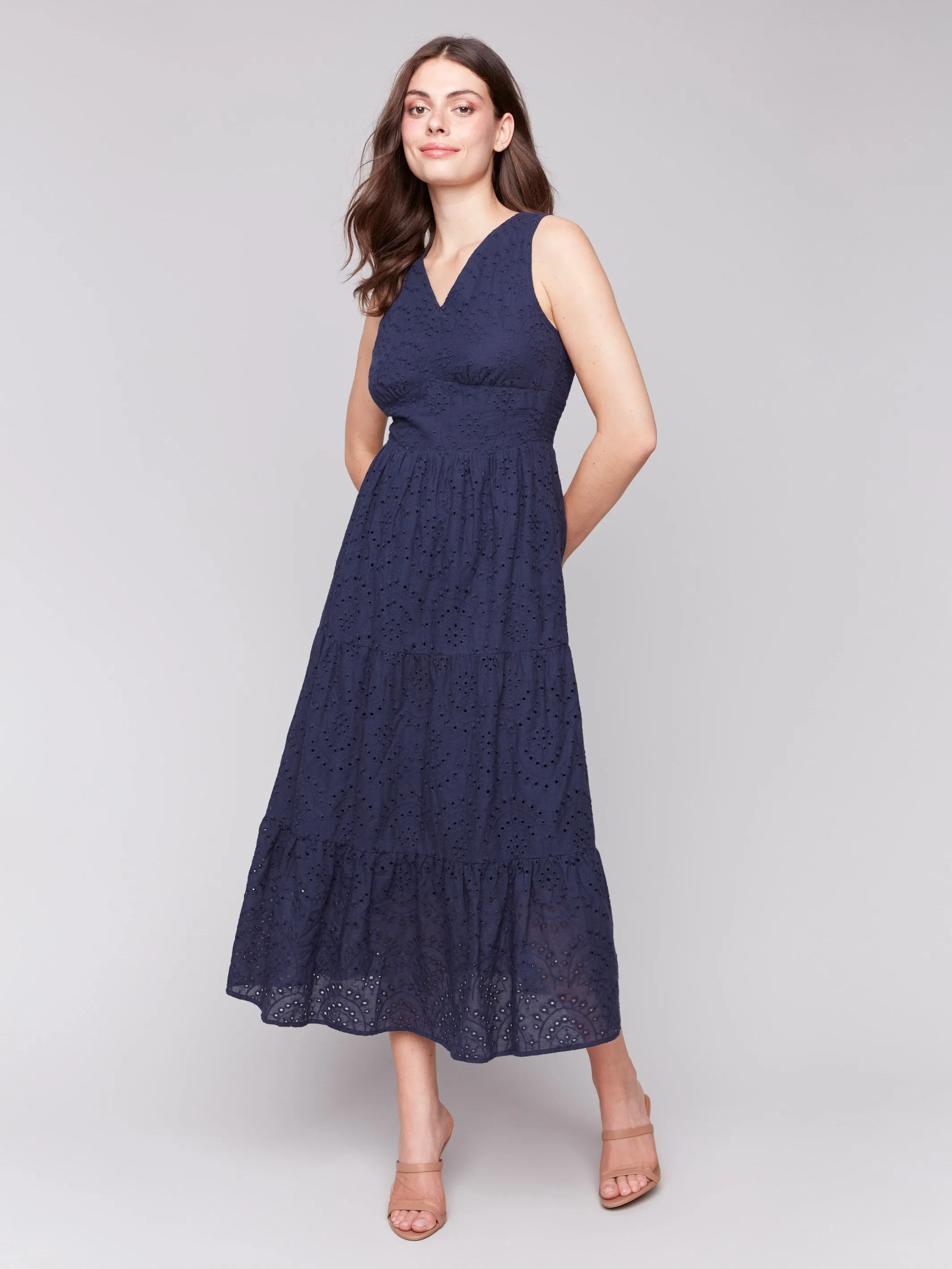 Long Sleeveless Cotton Eyelet Dress - Navy