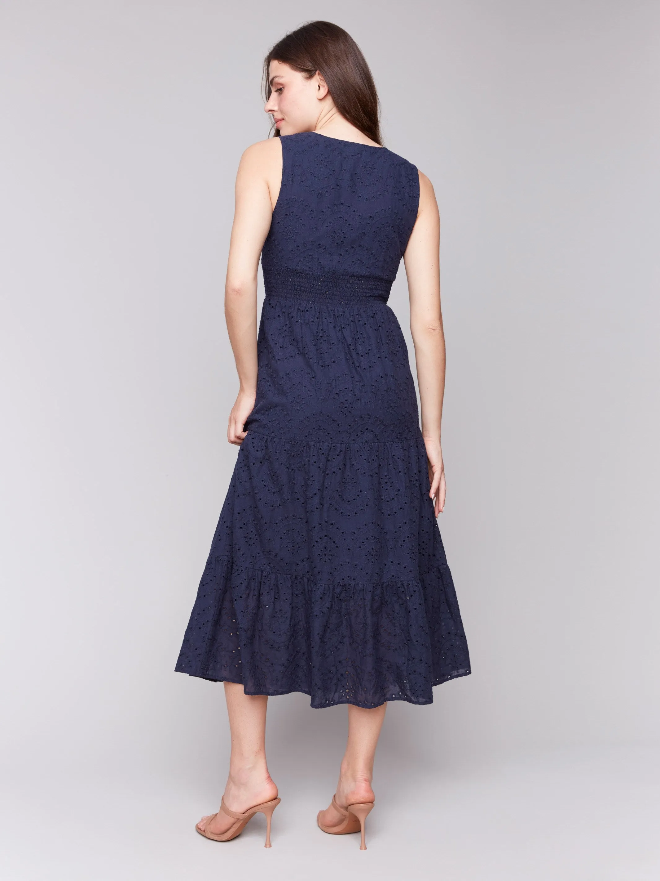 Long Sleeveless Cotton Eyelet Dress - Navy