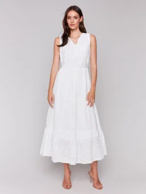 Long Sleeveless Cotton Eyelet Dress - White
