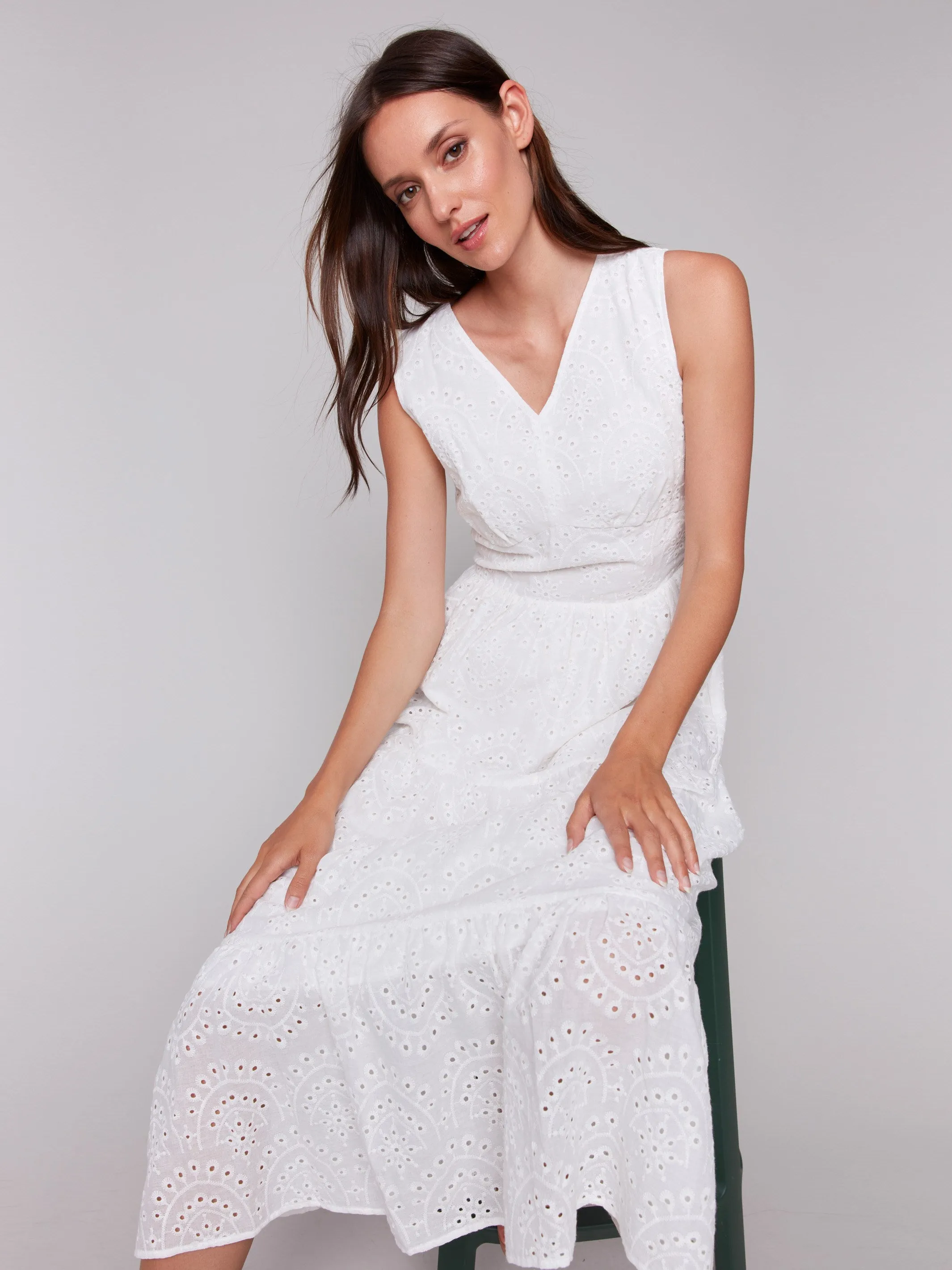 Long Sleeveless Cotton Eyelet Dress - White