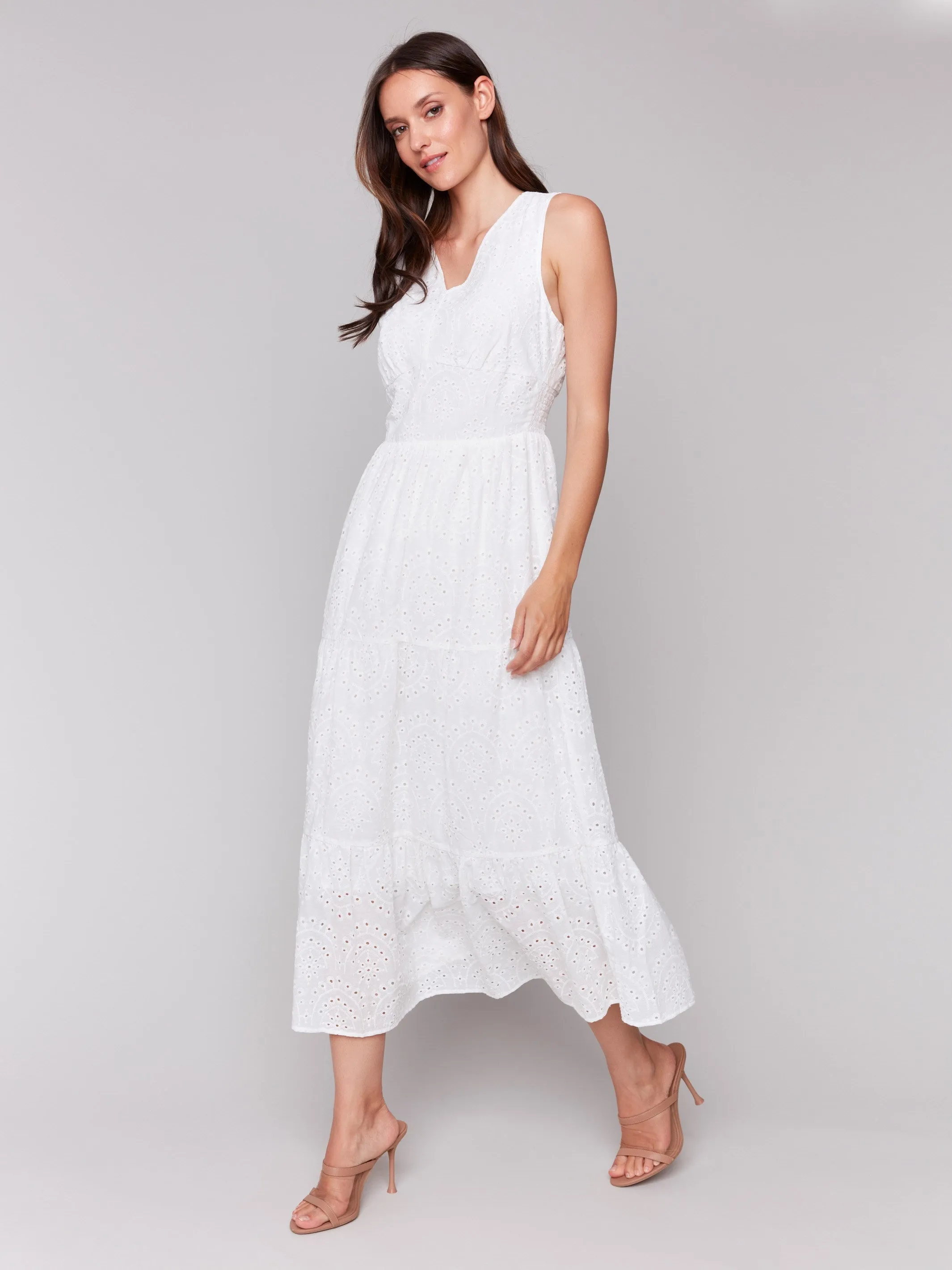Long Sleeveless Cotton Eyelet Dress - White