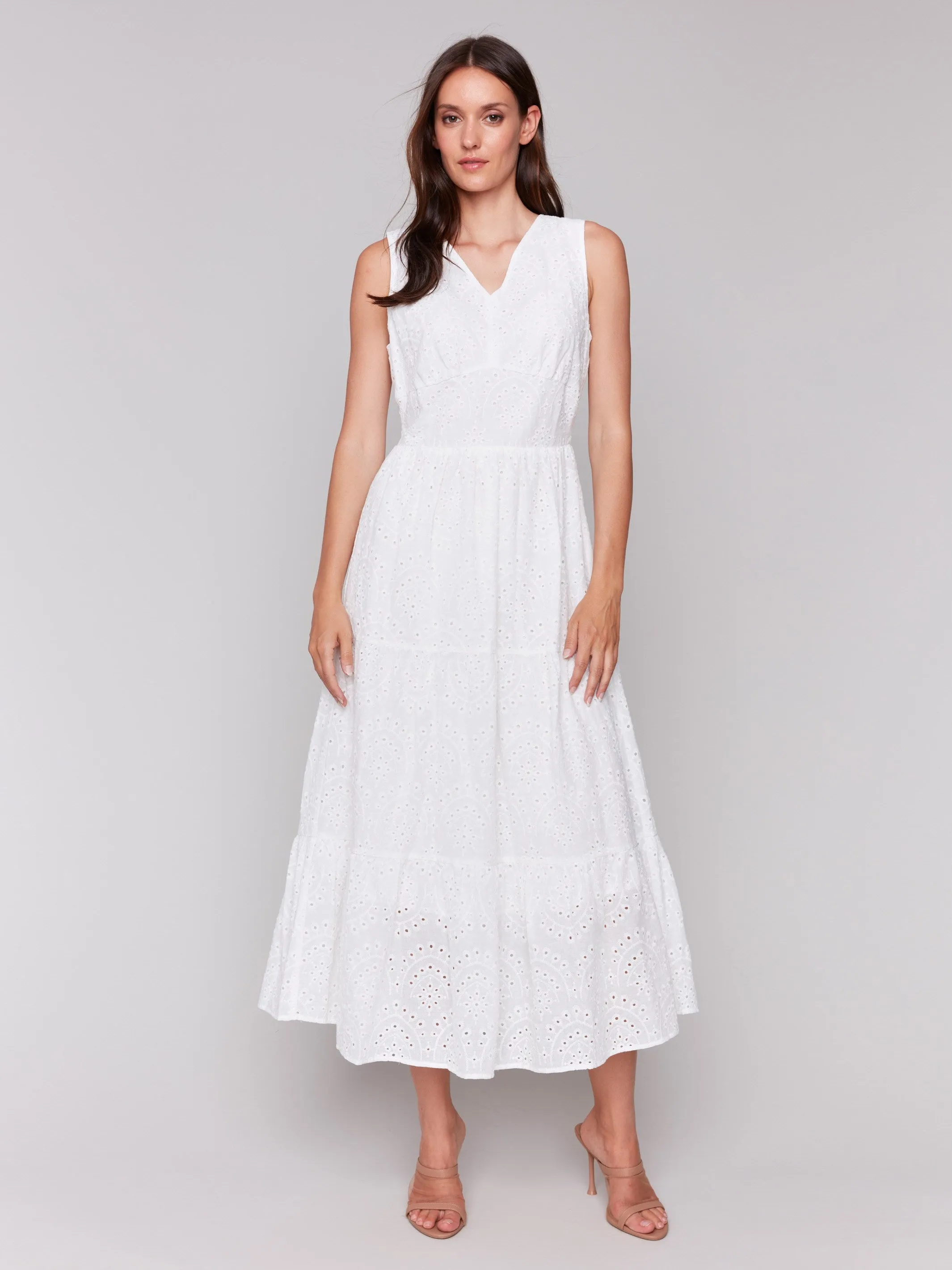 Long Sleeveless Cotton Eyelet Dress - White