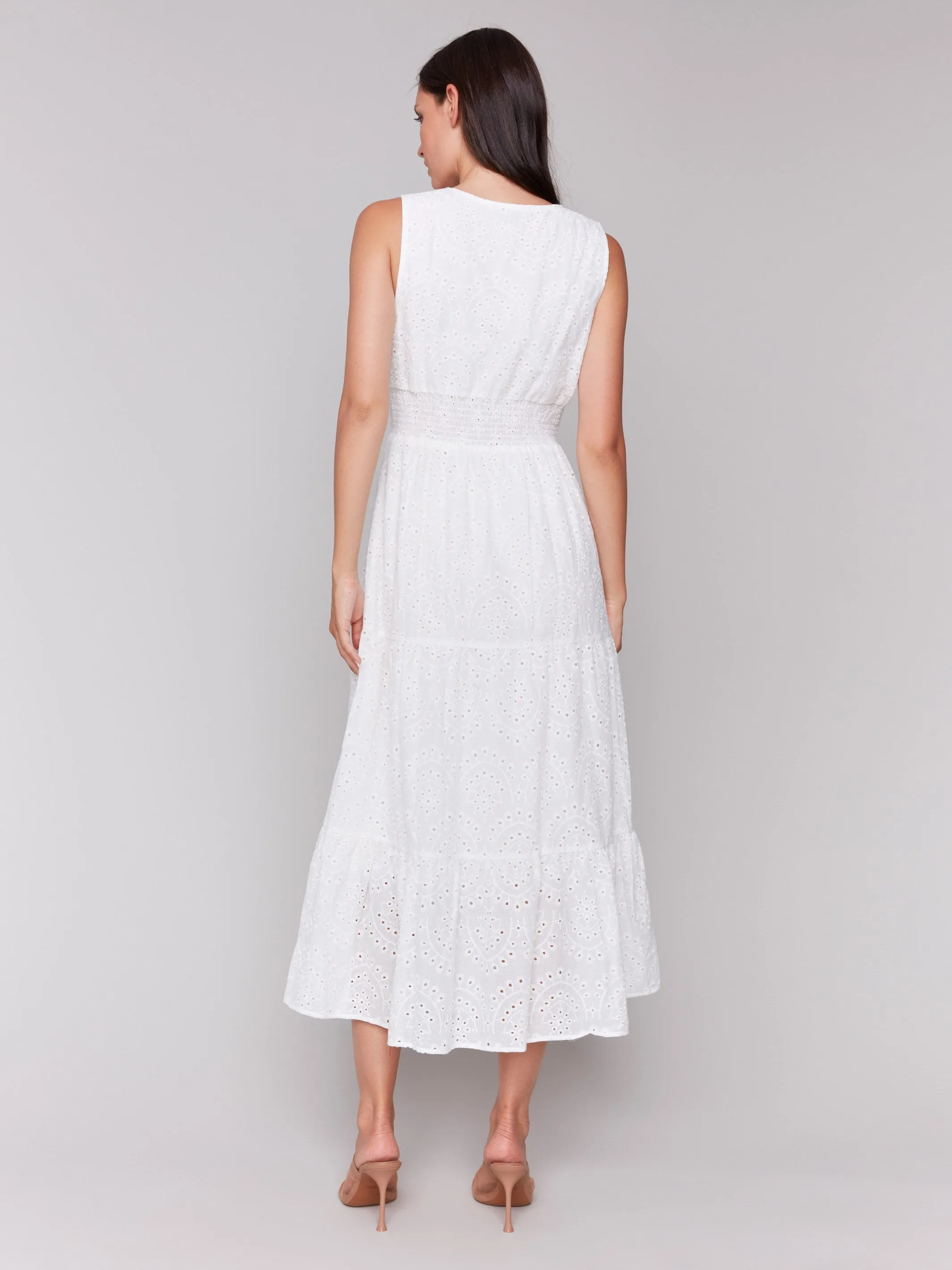 Long Sleeveless Cotton Eyelet Dress - White