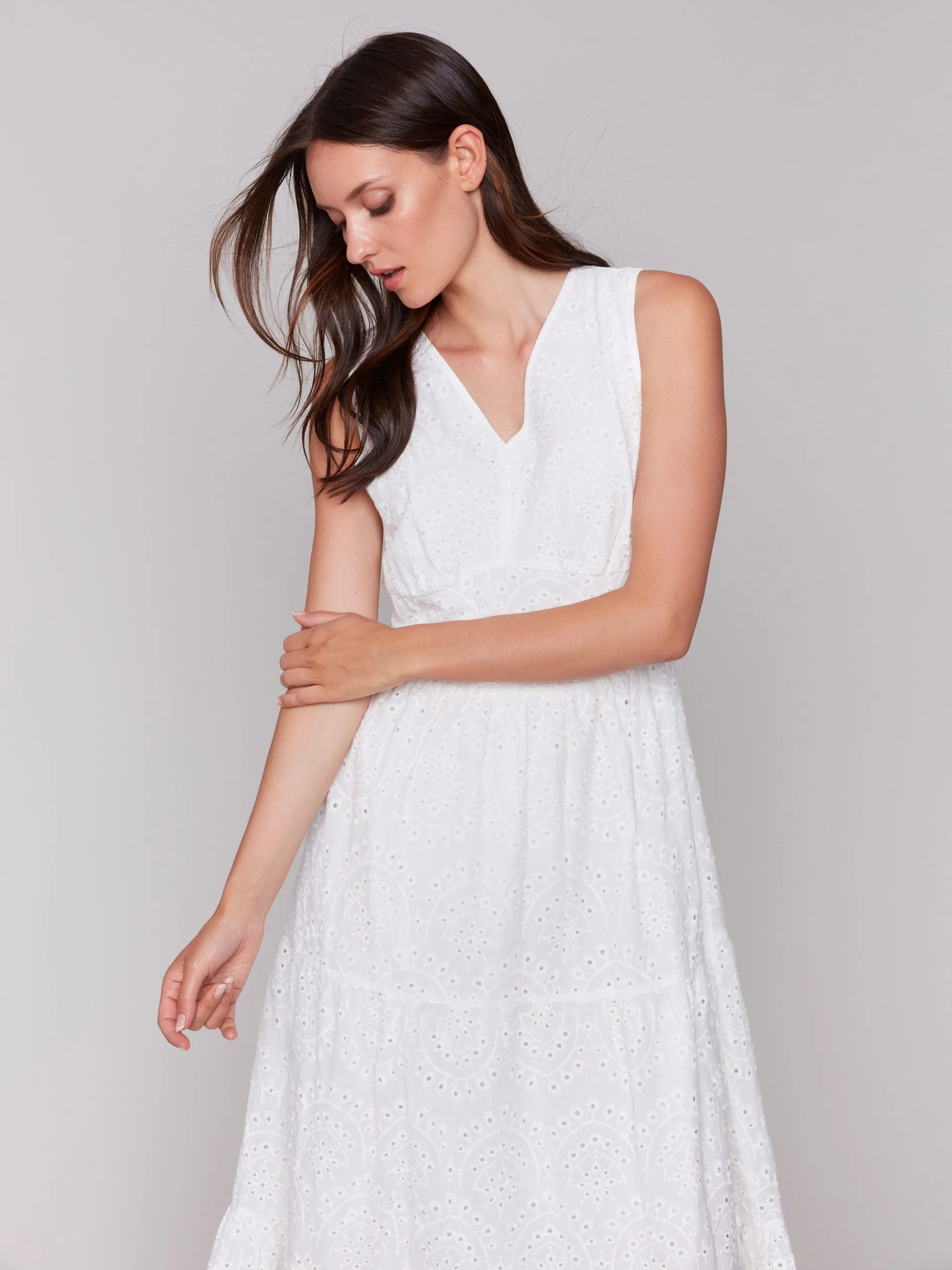 Long Sleeveless Cotton Eyelet Dress - White