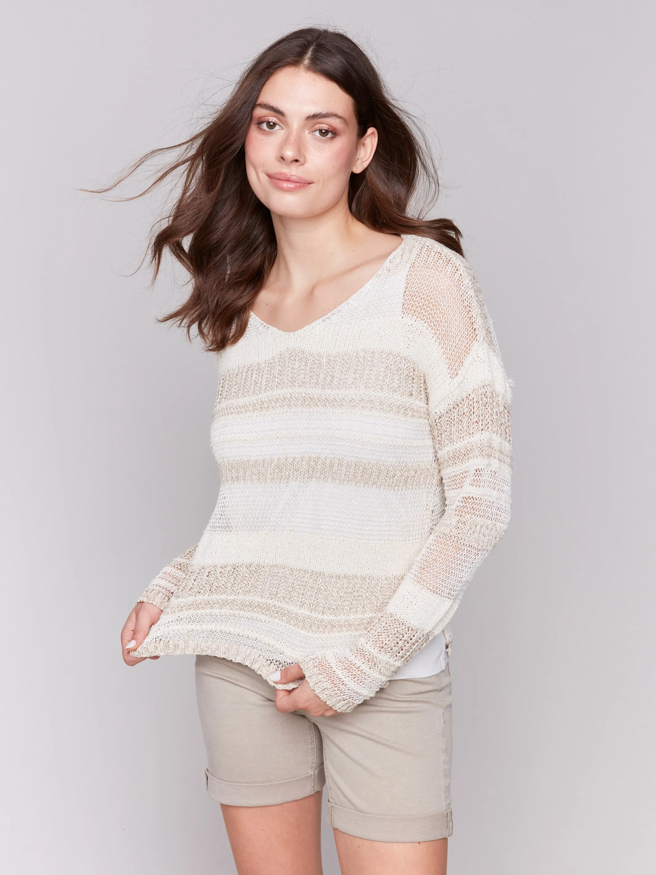 Multi-Yarn Striped Sweater - Beige
