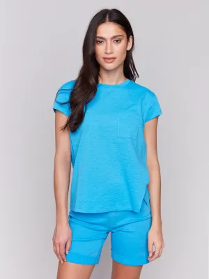 Organic Cotton Cap Sleeve T-Shirt with Slit Detail - Lagoon