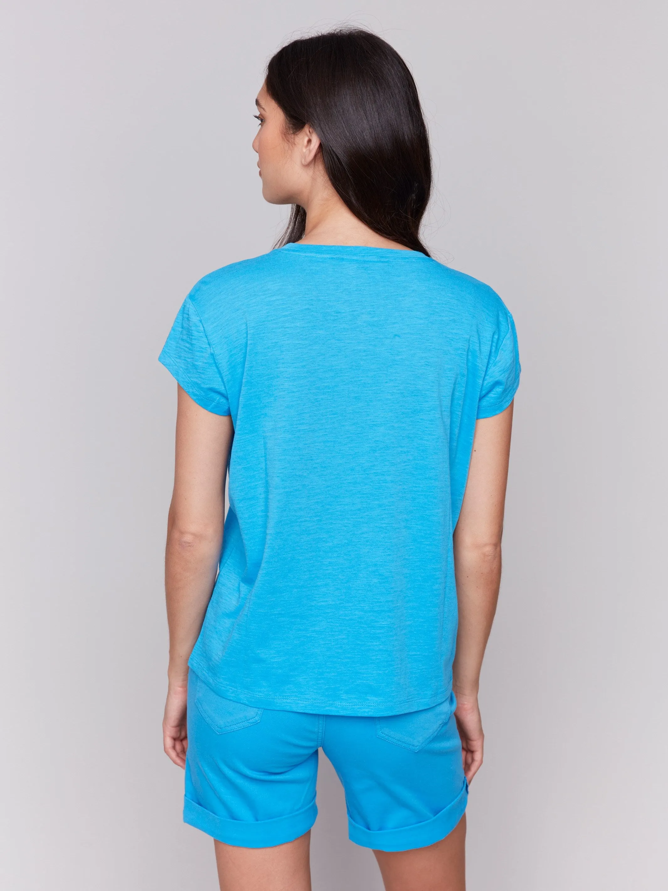 Organic Cotton Cap Sleeve T-Shirt with Slit Detail - Lagoon