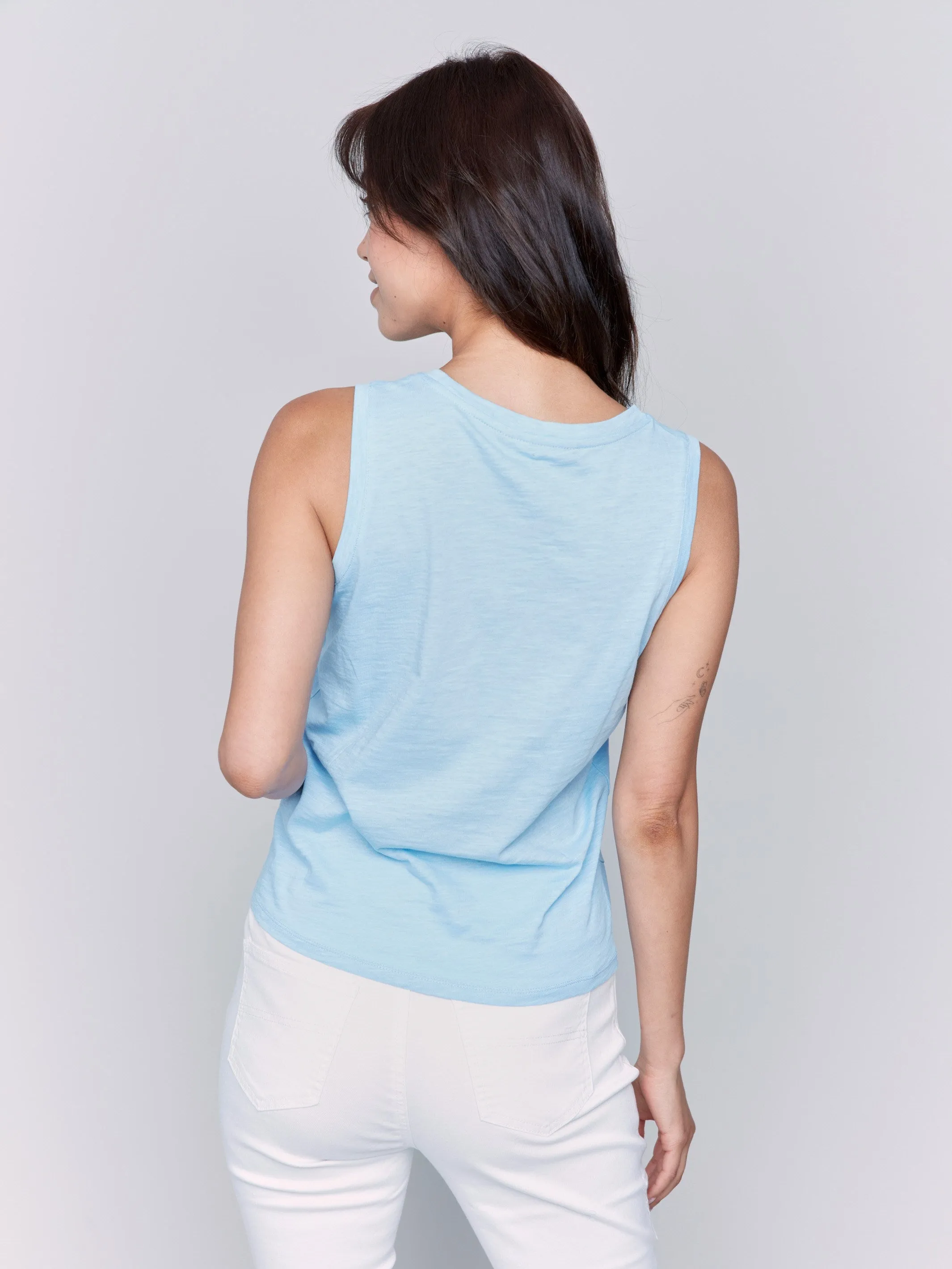 Organic Cotton Slub Tank Top with Knot Detail - Bluebell