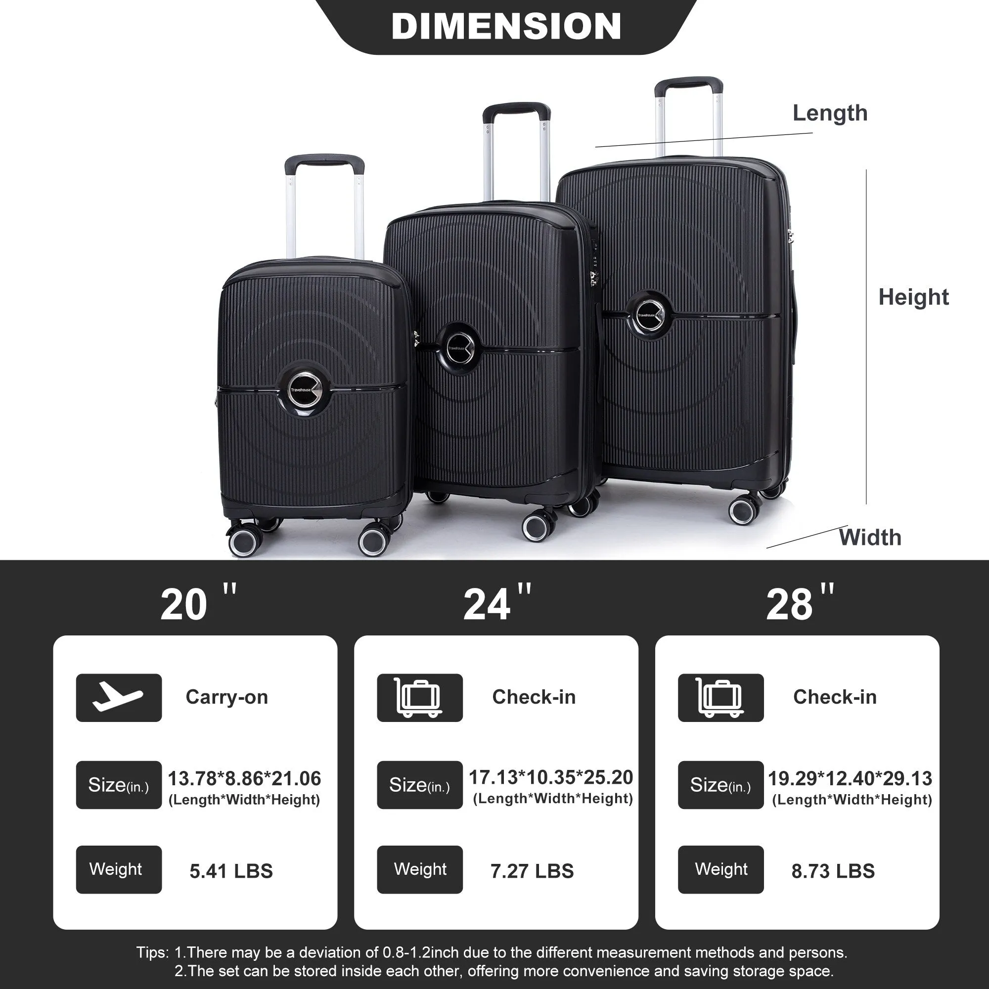 PP Expandable Luggage Sets with TSA Lock and Spinner Wheels, 3-Piece Set Hardshell Suitcase with Zippered Pocket