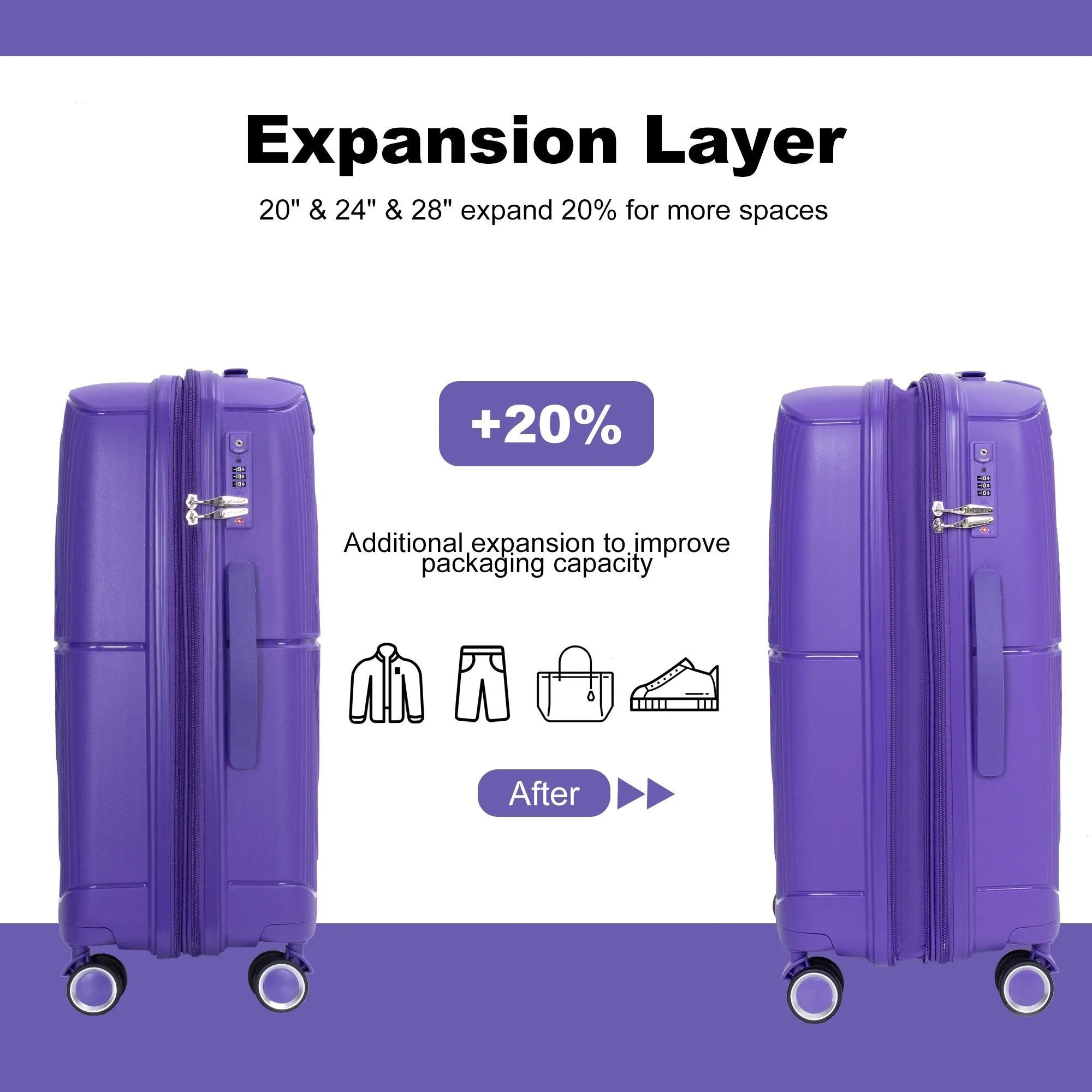 PP Expandable Luggage Sets with TSA Lock and Spinner Wheels, 3-Piece Set Hardshell Suitcase with Zippered Pocket