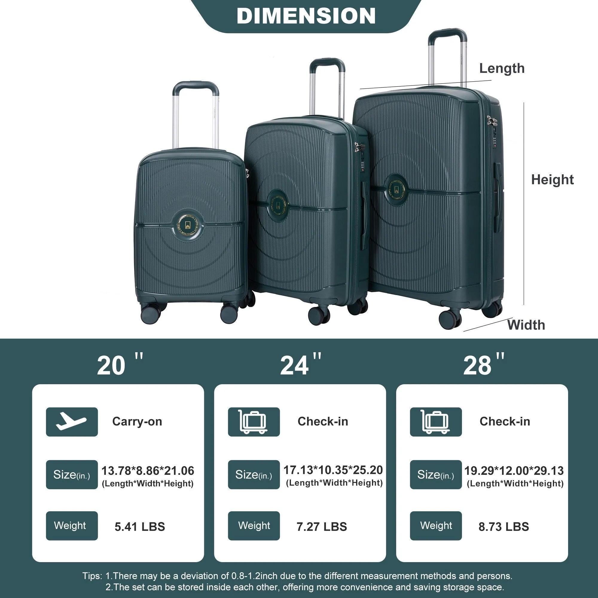 PP Expandable Luggage Sets with TSA Lock and Spinner Wheels, 3-Piece Set Hardshell Suitcase with Zippered Pocket