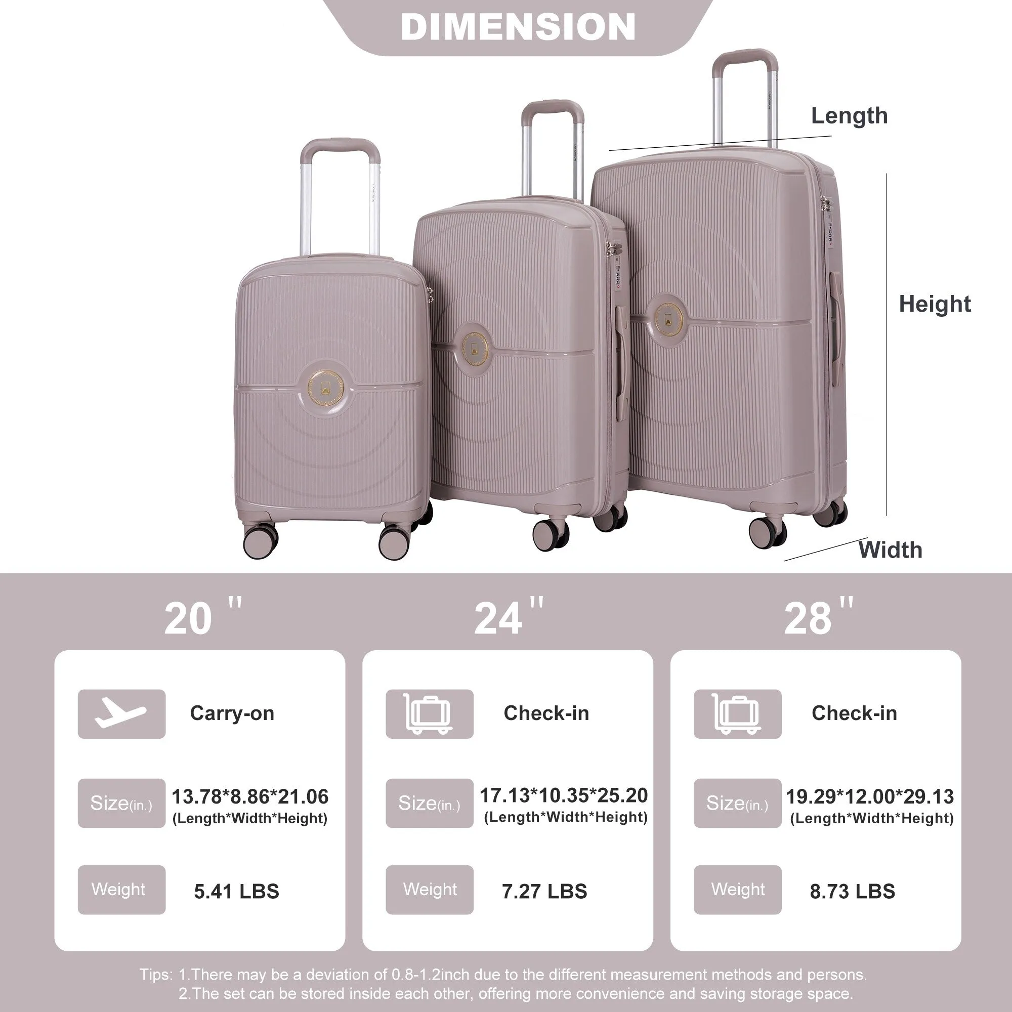 PP Expandable Luggage Sets with TSA Lock and Spinner Wheels, 3-Piece Set Hardshell Suitcase with Zippered Pocket