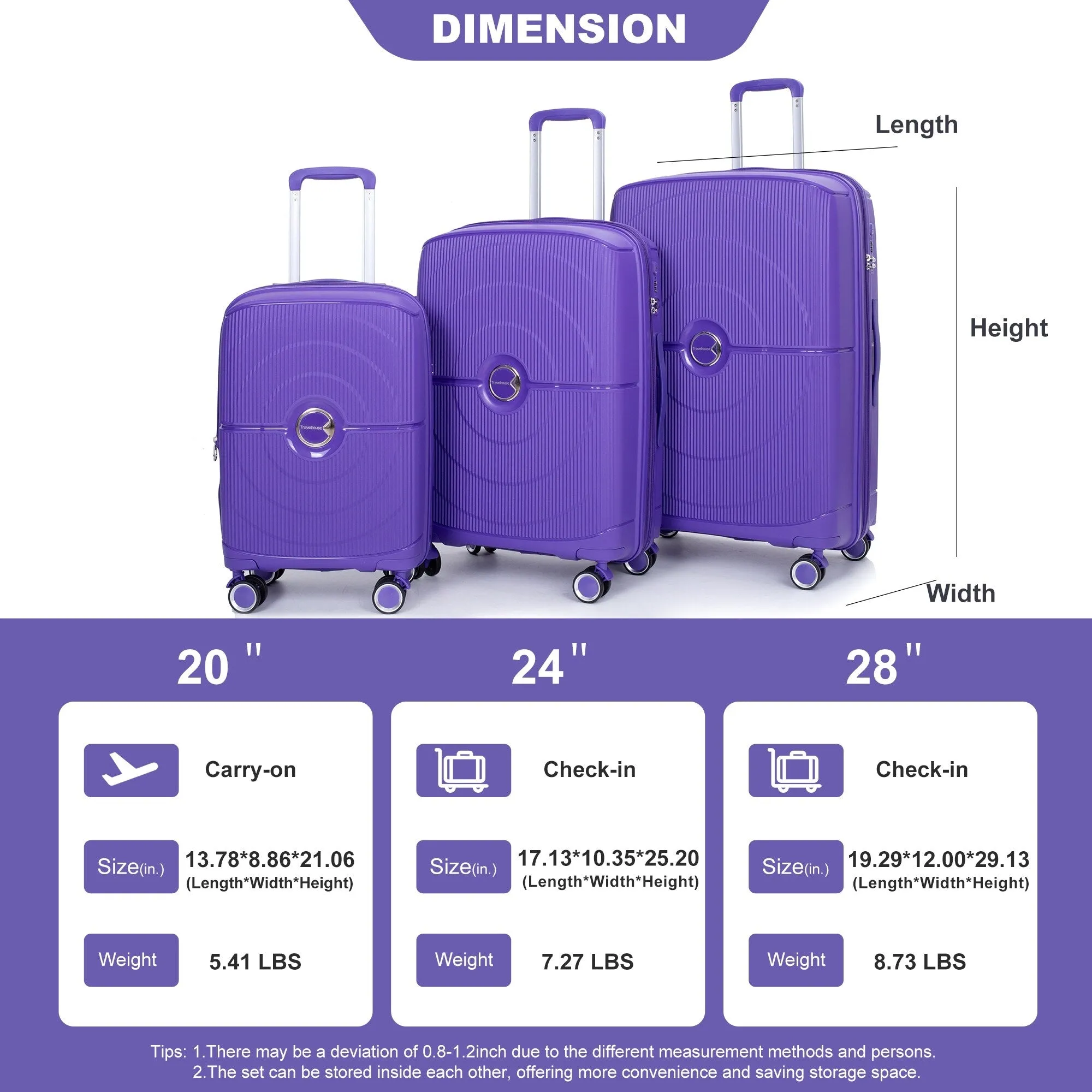 PP Expandable Luggage Sets with TSA Lock and Spinner Wheels, 3-Piece Set Hardshell Suitcase with Zippered Pocket