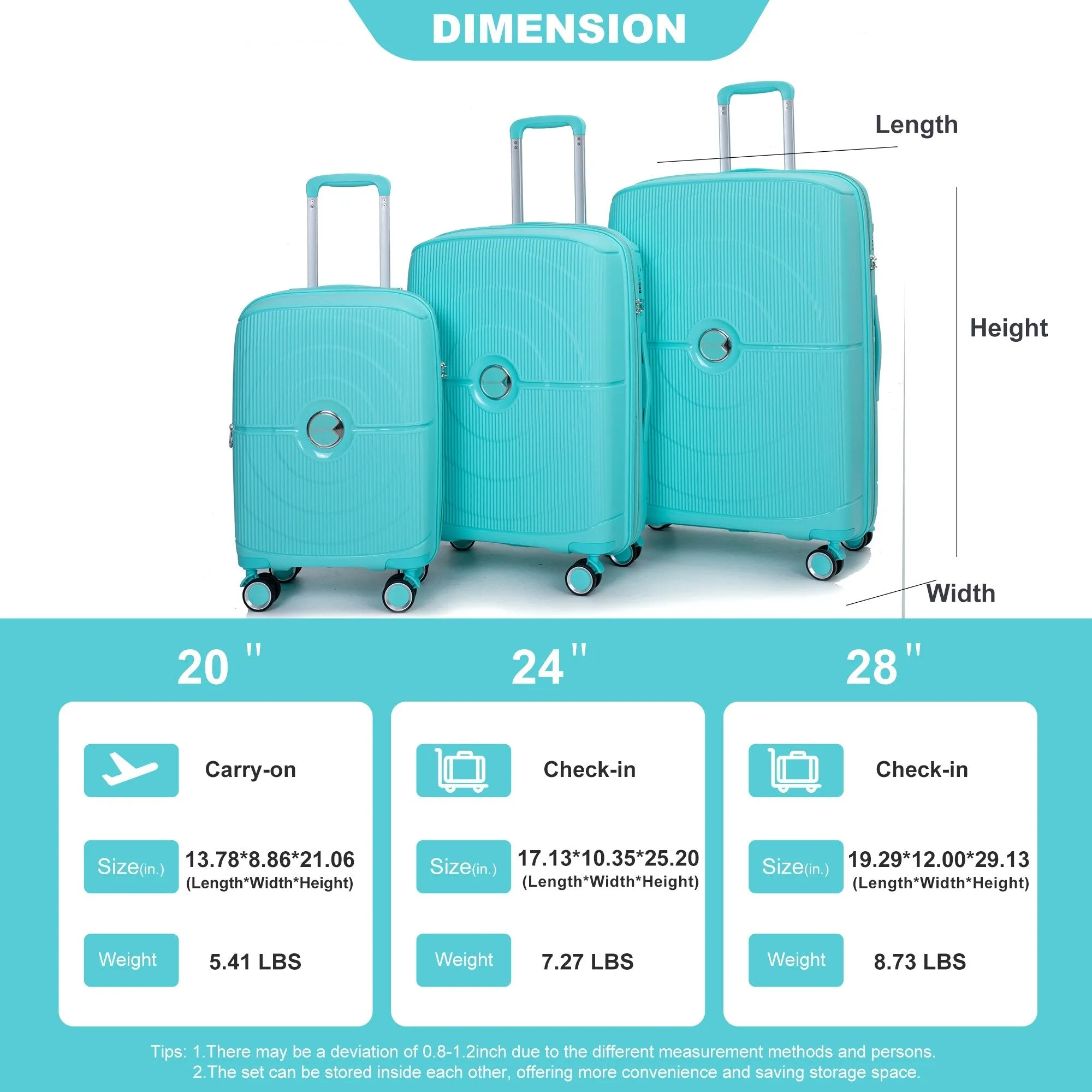 PP Expandable Luggage Sets with TSA Lock and Spinner Wheels, 3-Piece Set Hardshell Suitcase with Zippered Pocket