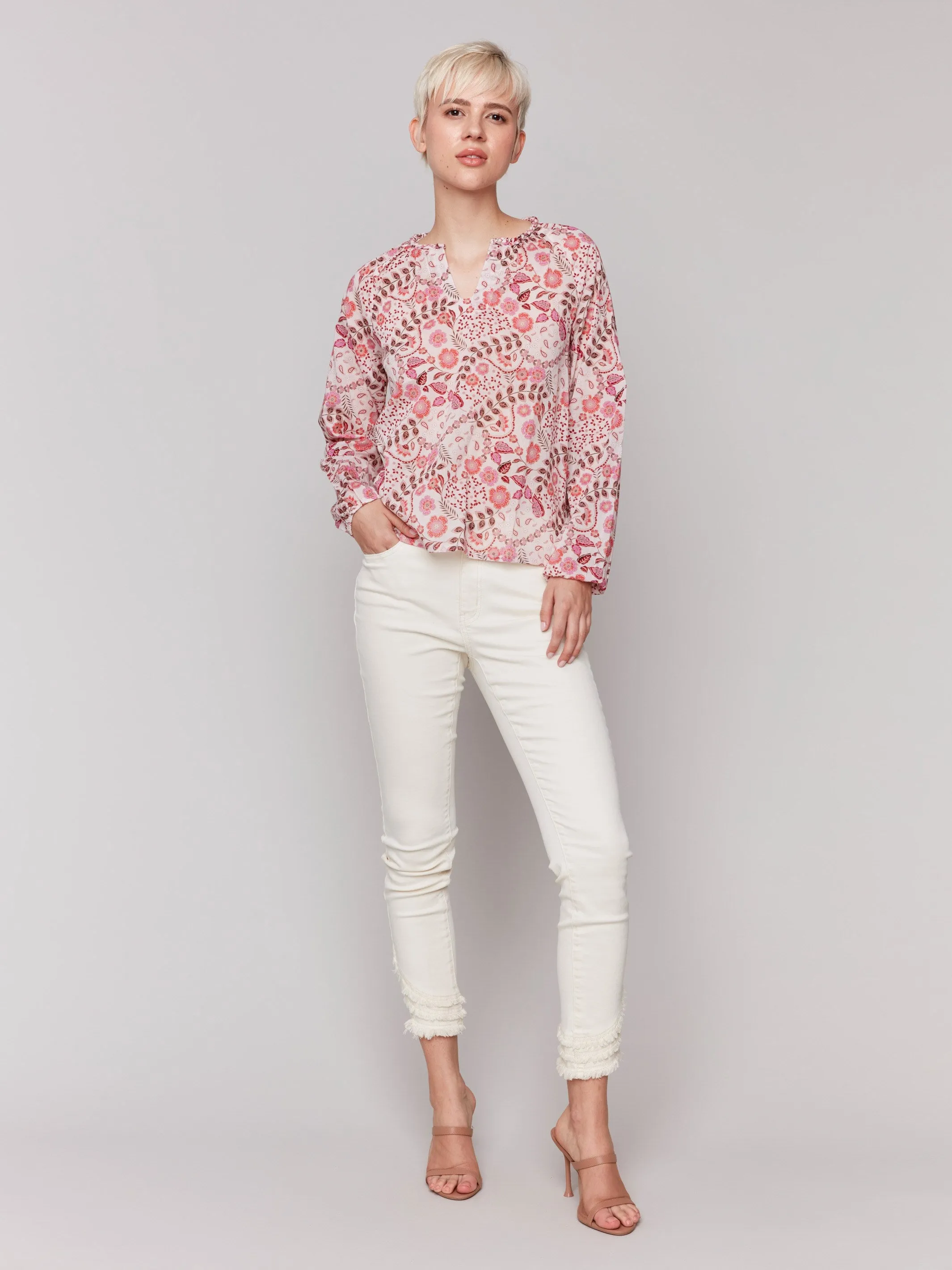 Printed Cotton Long Sleeve Popover Blouse - Ditsy