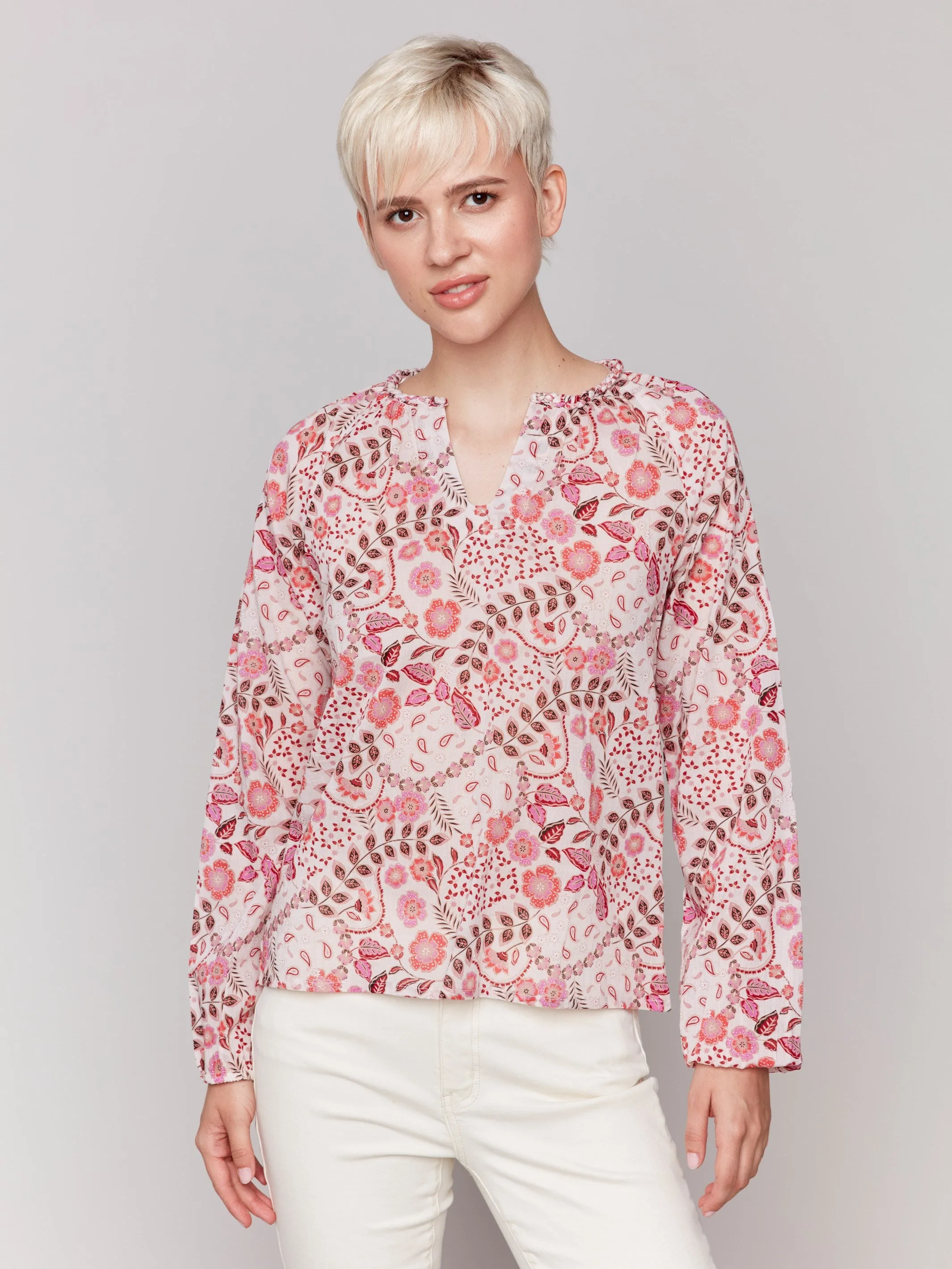 Printed Cotton Long Sleeve Popover Blouse - Ditsy