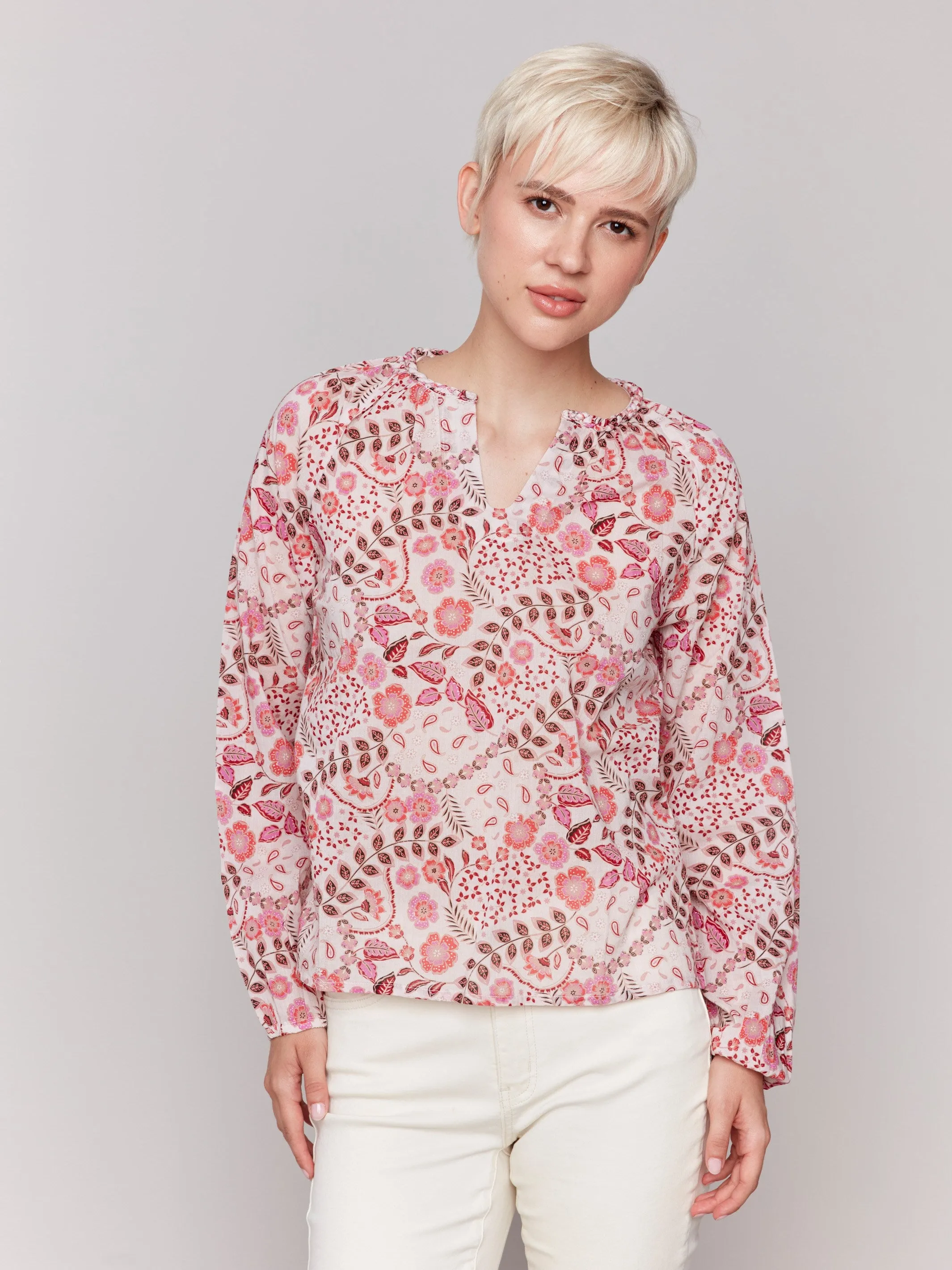 Printed Cotton Long Sleeve Popover Blouse - Ditsy
