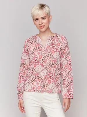 Printed Cotton Long Sleeve Popover Blouse - Ditsy