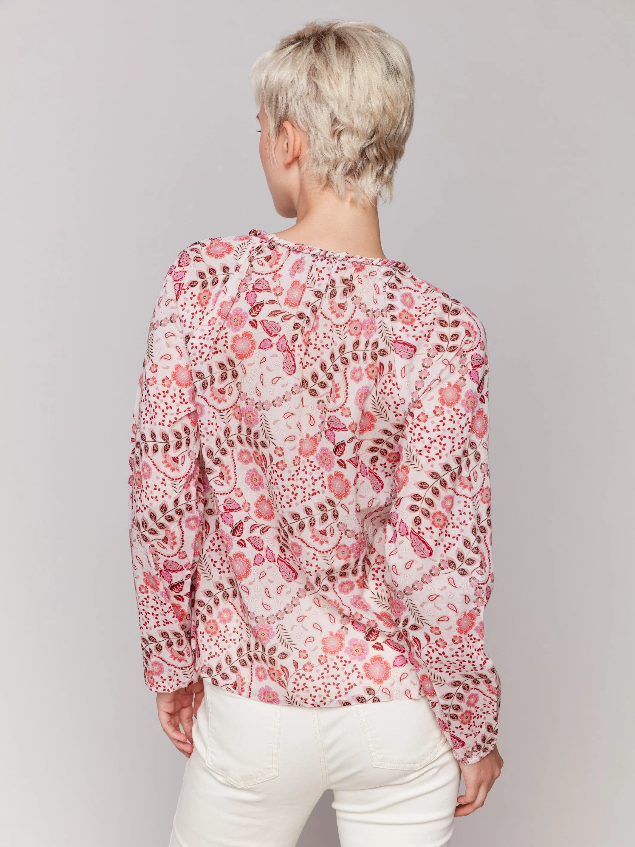 Printed Cotton Long Sleeve Popover Blouse - Ditsy