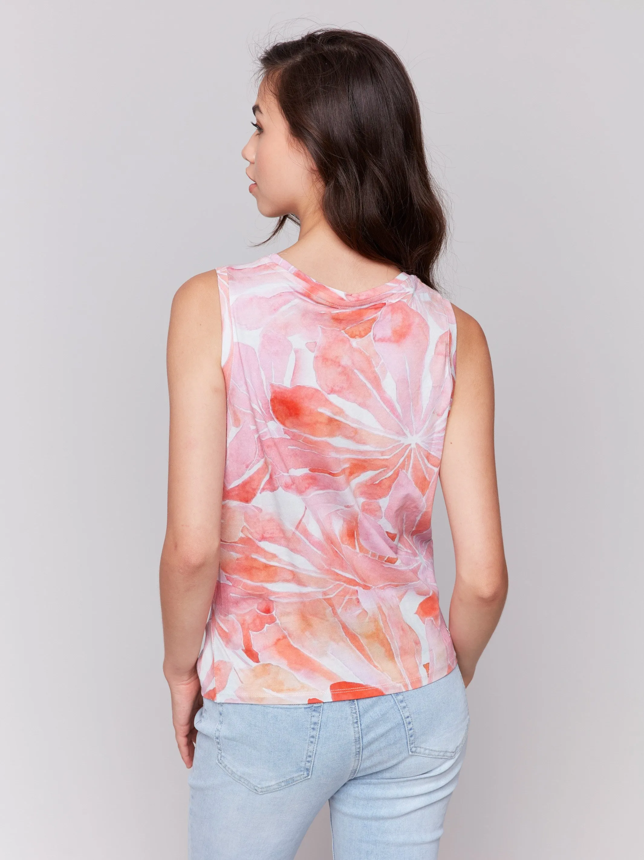 Printed Cotton Slub Tank Top with Knot Detail - Begonia