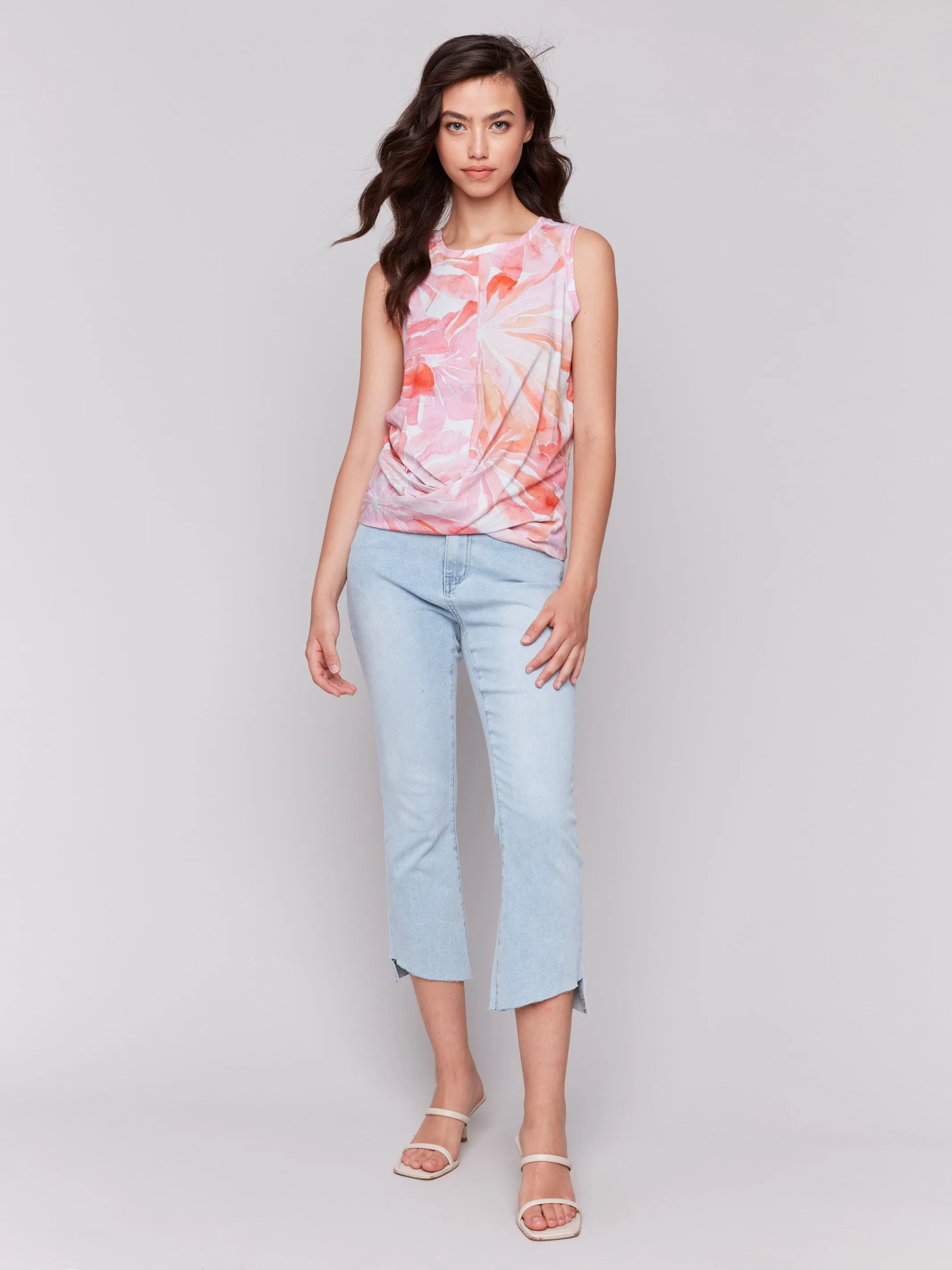 Printed Cotton Slub Tank Top with Knot Detail - Begonia