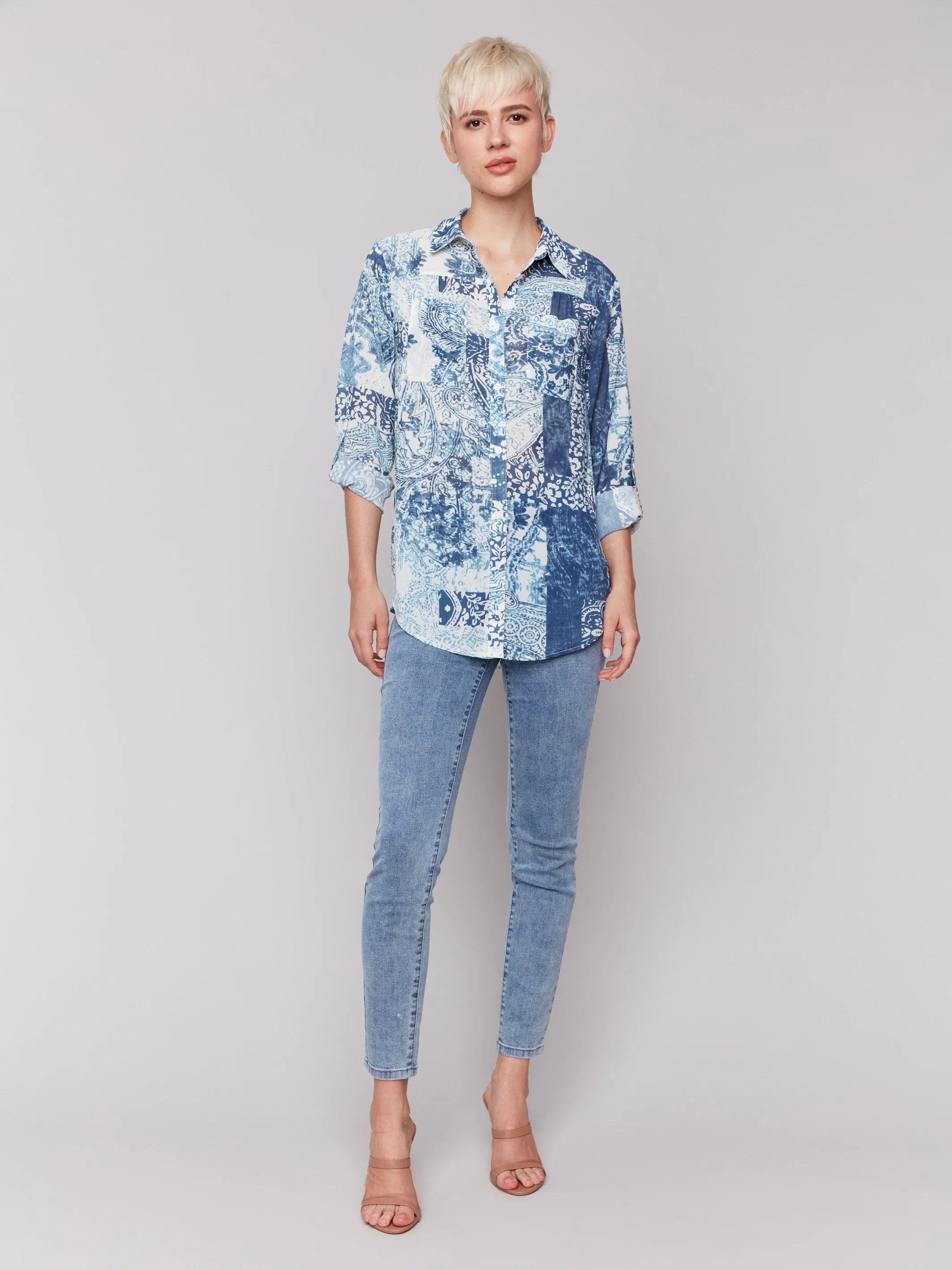 Printed Crinkle Button-Front Blouse - Scarf