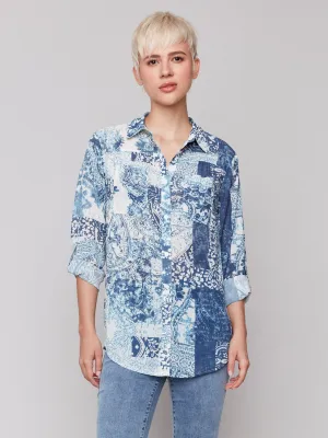 Printed Crinkle Button-Front Blouse - Scarf